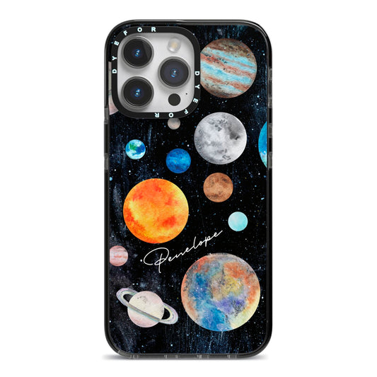 Personalised Planets iPhone 14 Pro Max Black Impact Case on Silver phone