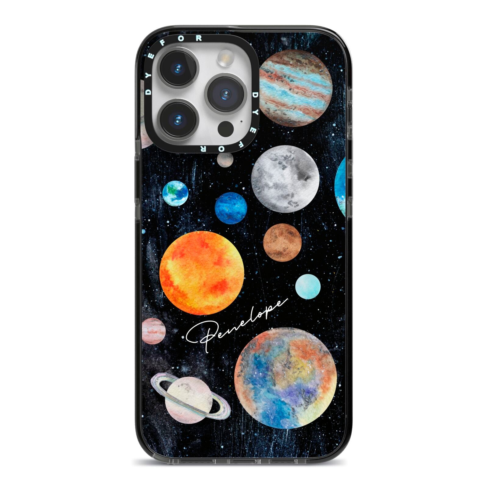 Personalised Planets iPhone 14 Pro Max Black Impact Case on Silver phone