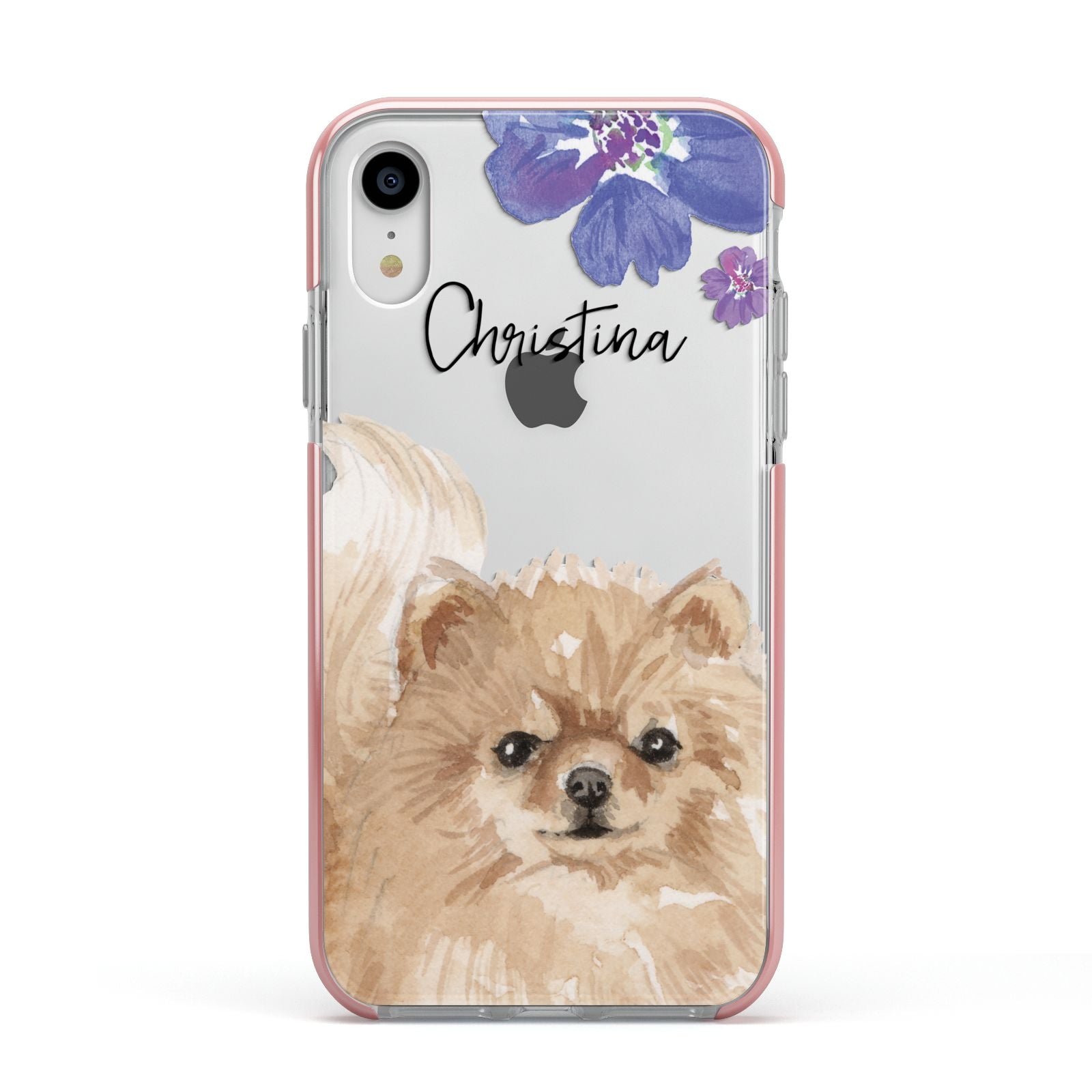 Personalised Pomeranian Apple iPhone XR Impact Case Pink Edge on Silver Phone