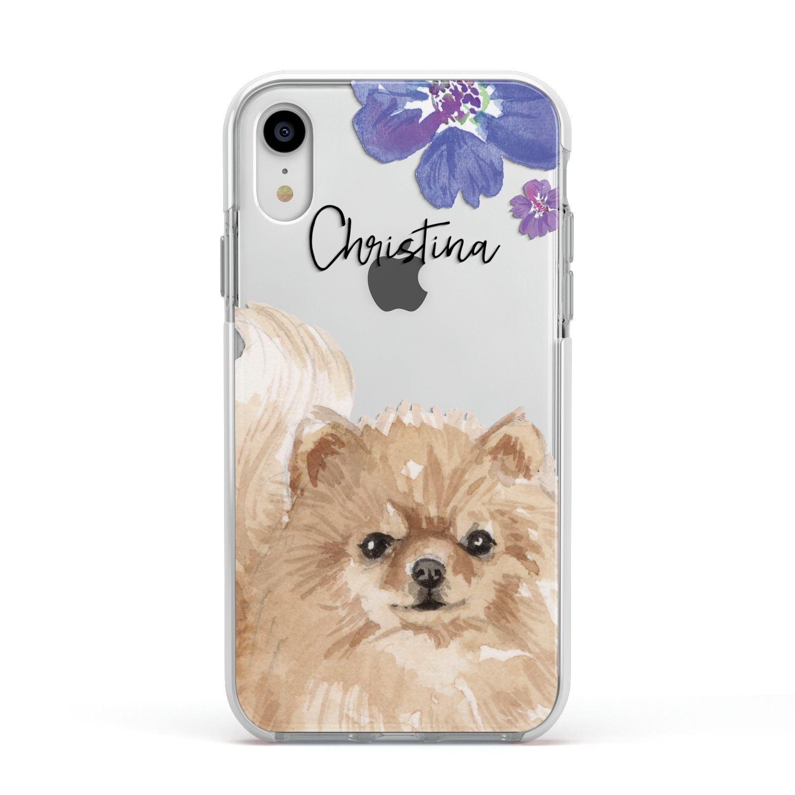 Personalised Pomeranian Apple iPhone XR Impact Case White Edge on Silver Phone
