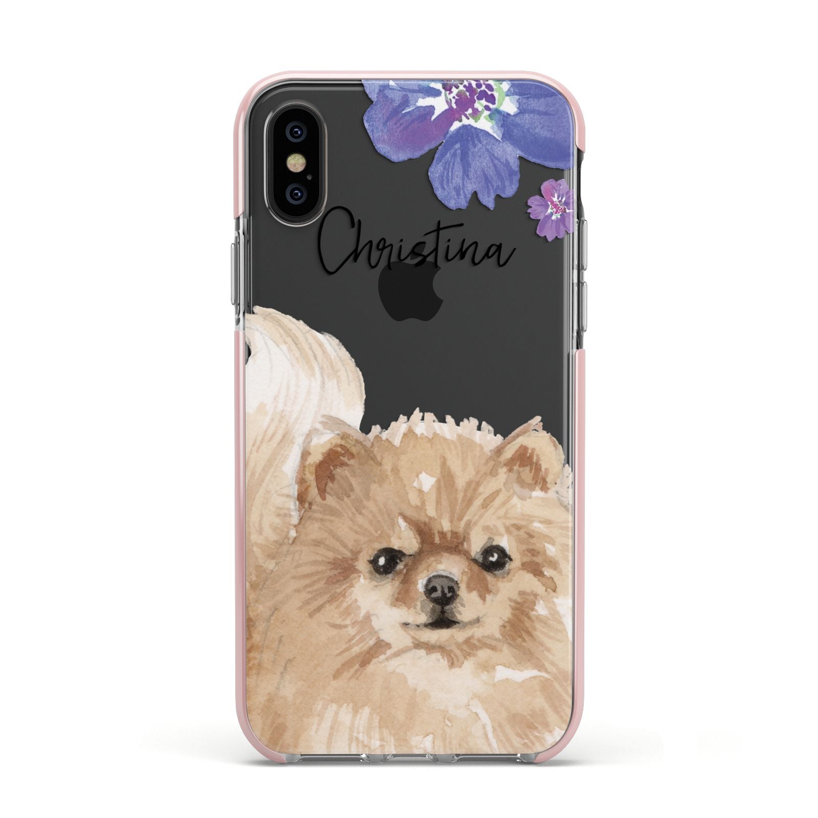 Personalised Pomeranian Apple iPhone Xs Impact Case Pink Edge on Black Phone