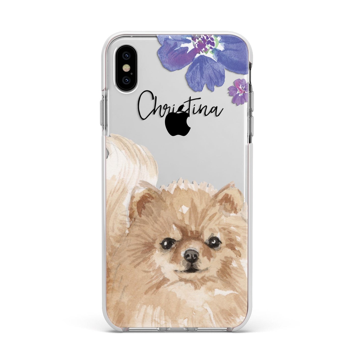 Personalised Pomeranian Apple iPhone Xs Max Impact Case White Edge on Silver Phone