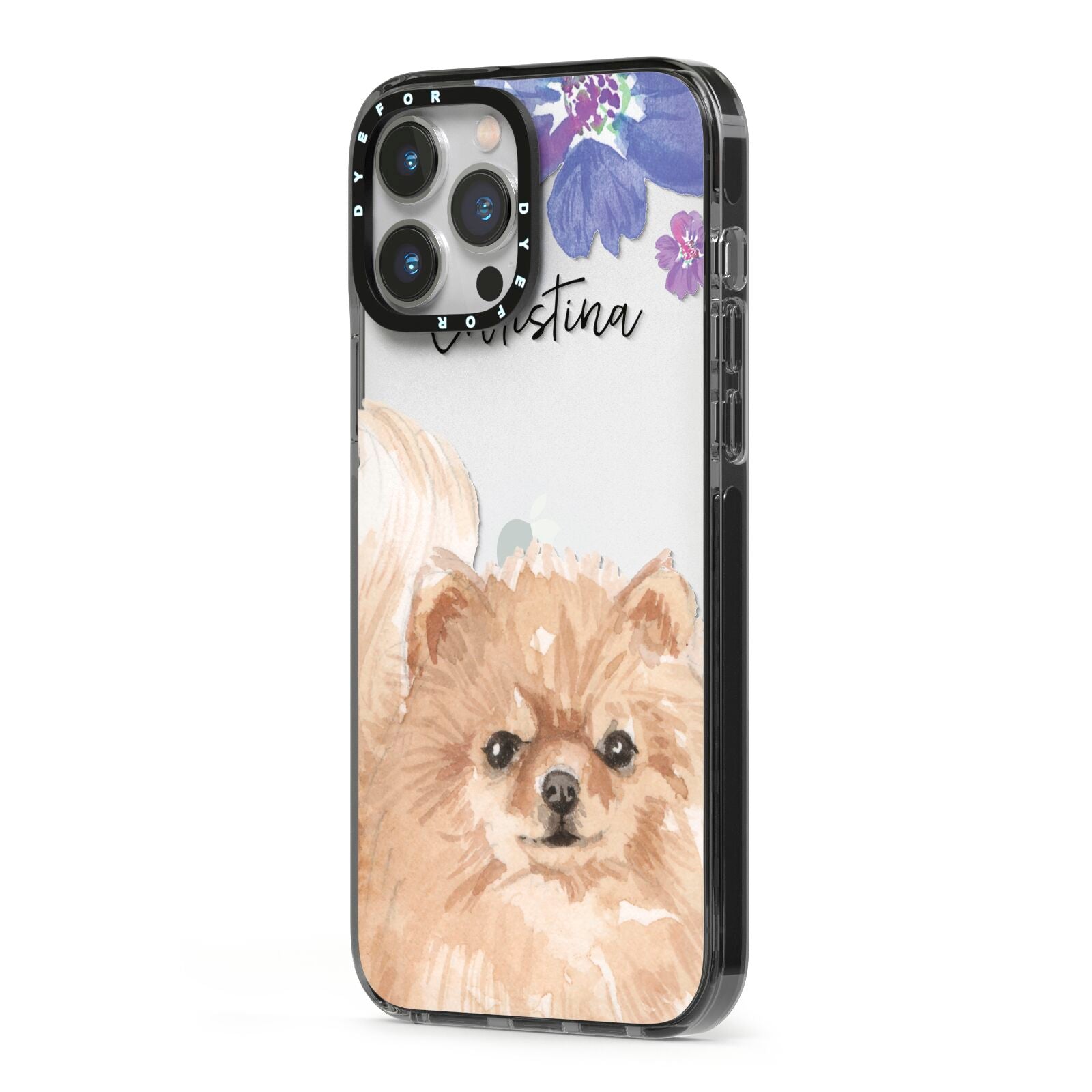 Personalised Pomeranian iPhone 13 Pro Max Black Impact Case Side Angle on Silver phone