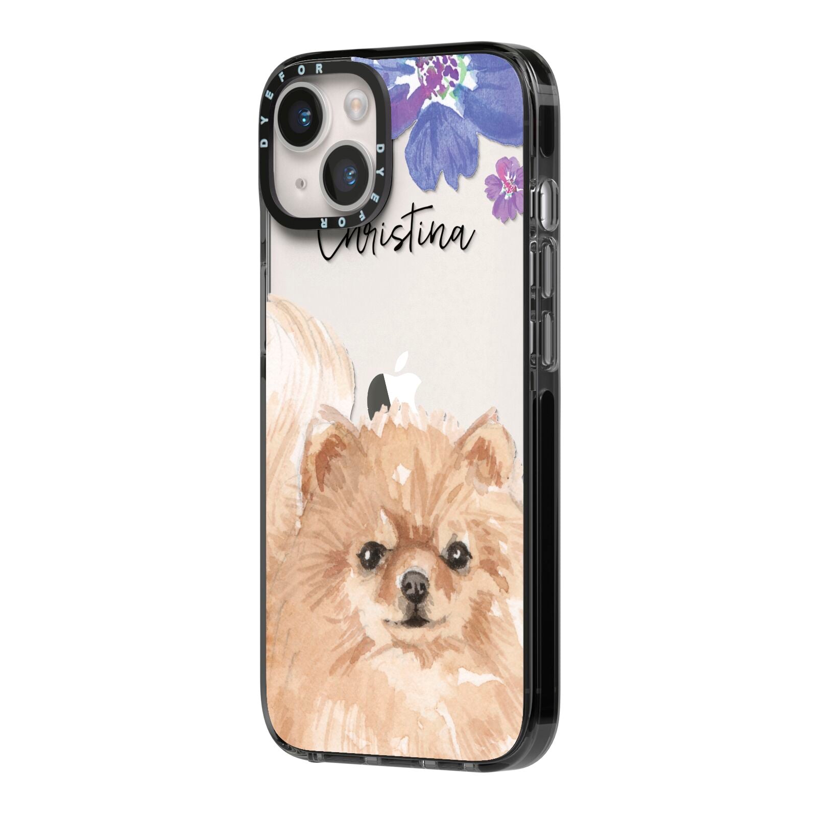 Personalised Pomeranian iPhone 14 Black Impact Case Side Angle on Silver phone