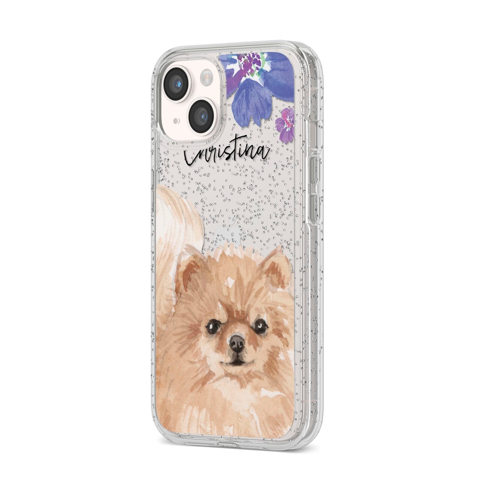 Personalised Pomeranian iPhone 14 Glitter Tough Case Starlight Angled Image