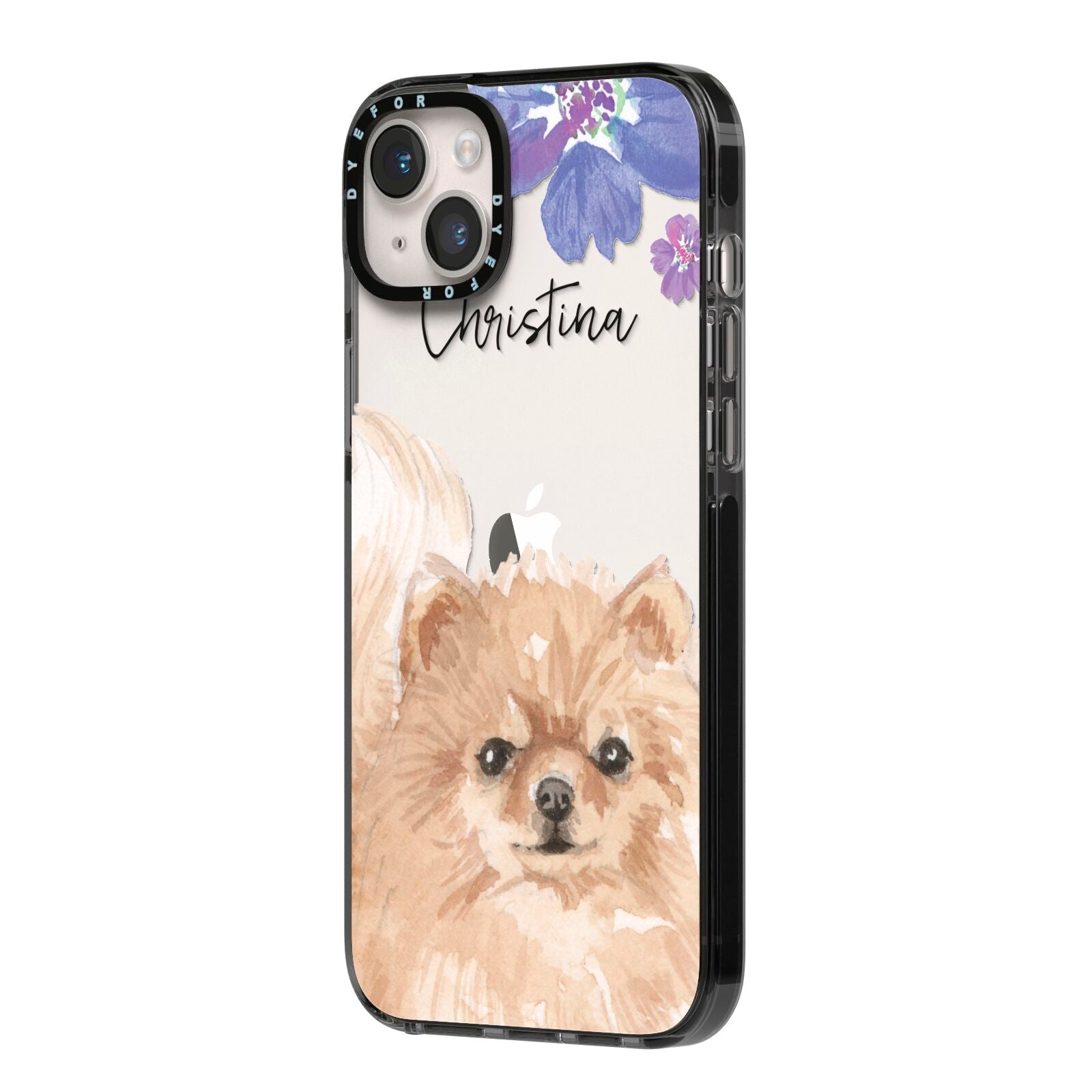Personalised Pomeranian iPhone 14 Plus Black Impact Case Side Angle on Silver phone
