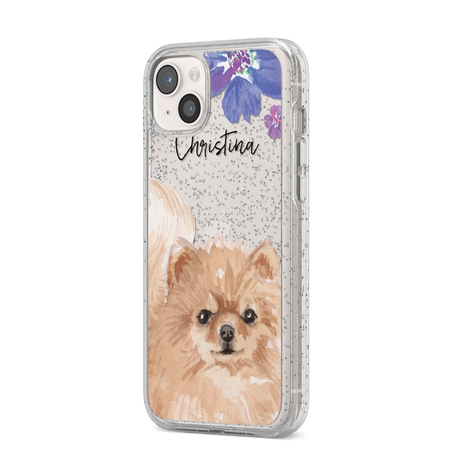 Personalised Pomeranian iPhone 14 Plus Glitter Tough Case Starlight Angled Image