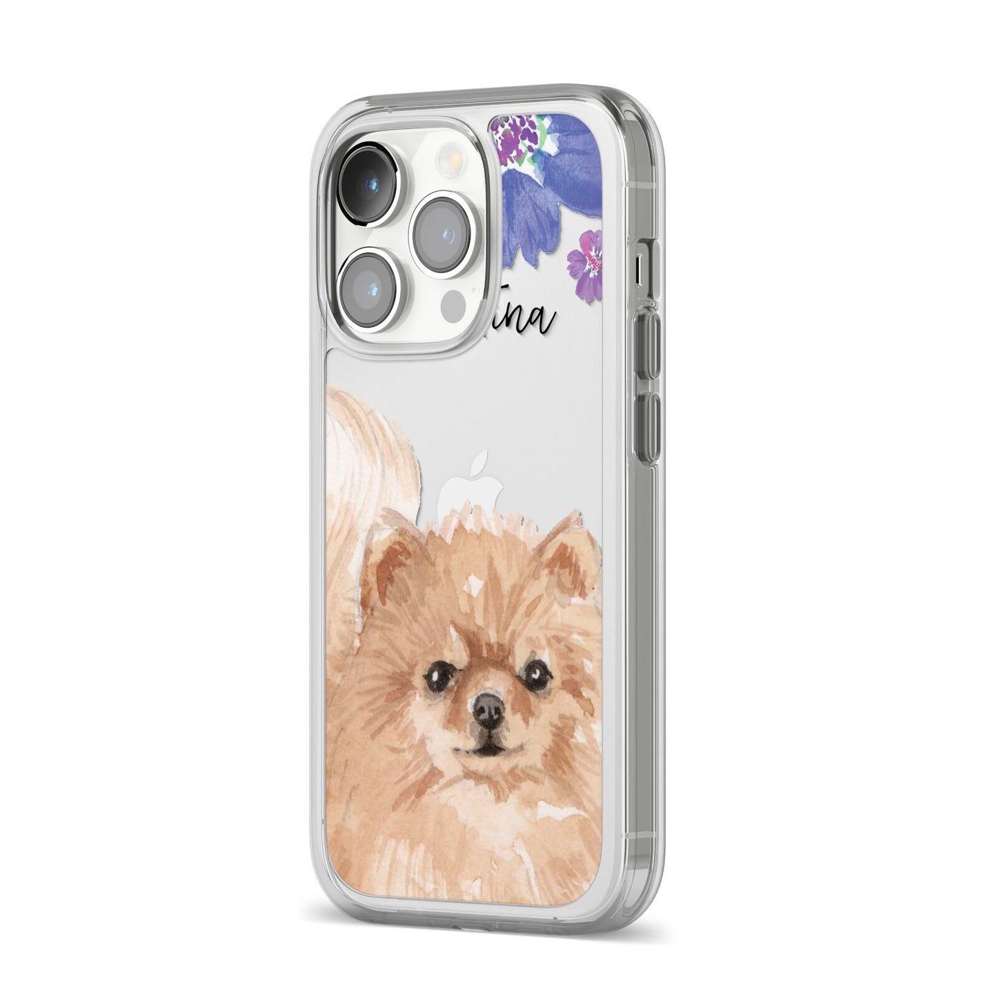 Personalised Pomeranian iPhone 14 Pro Clear Tough Case Silver Angled Image