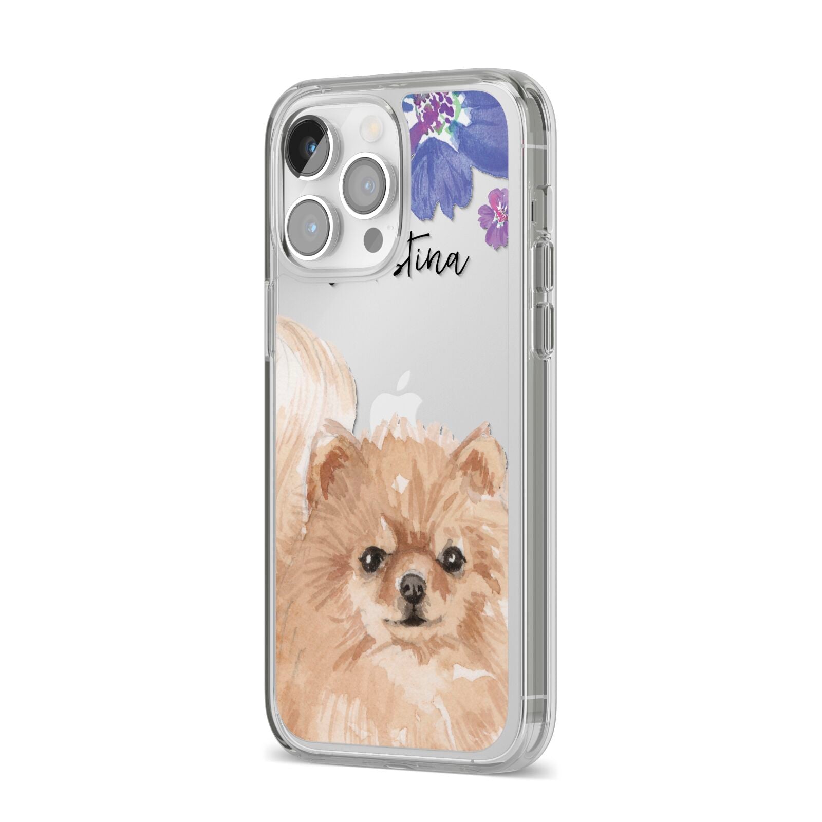 Personalised Pomeranian iPhone 14 Pro Max Clear Tough Case Silver Angled Image