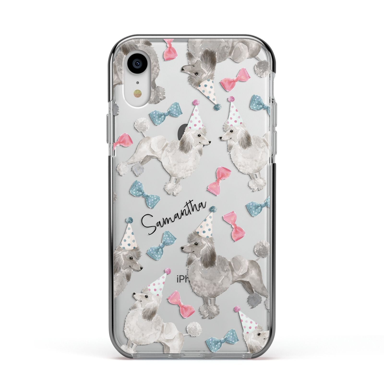Personalised Poodle Dog Apple iPhone XR Impact Case Black Edge on Silver Phone