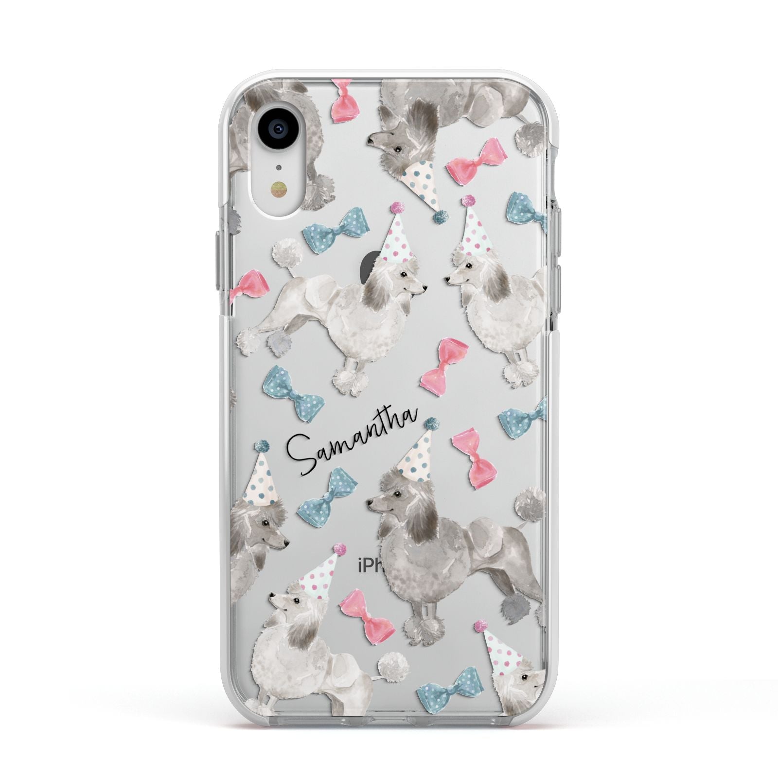 Personalised Poodle Dog Apple iPhone XR Impact Case White Edge on Silver Phone