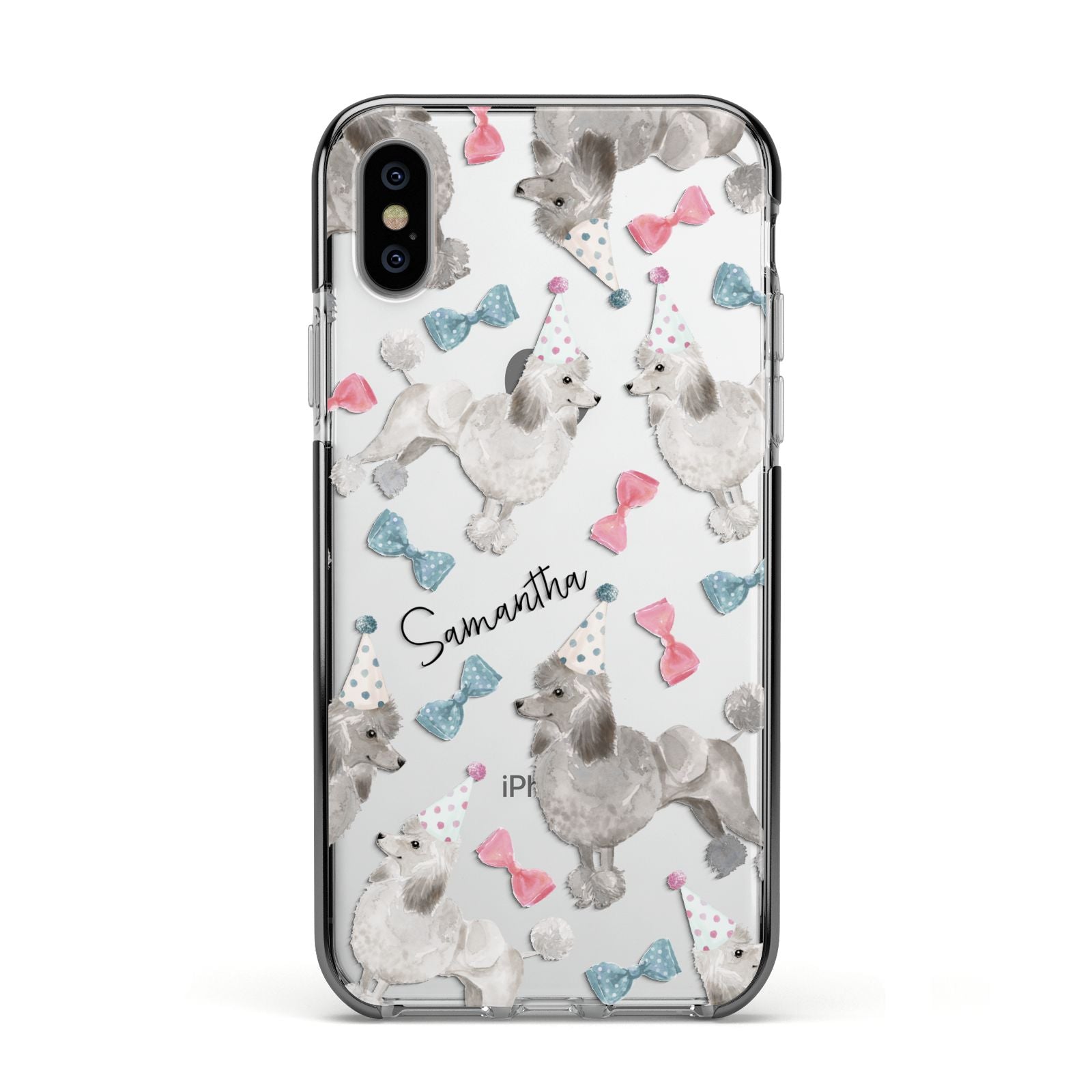 Personalised Poodle Dog Apple iPhone Xs Impact Case Black Edge on Silver Phone