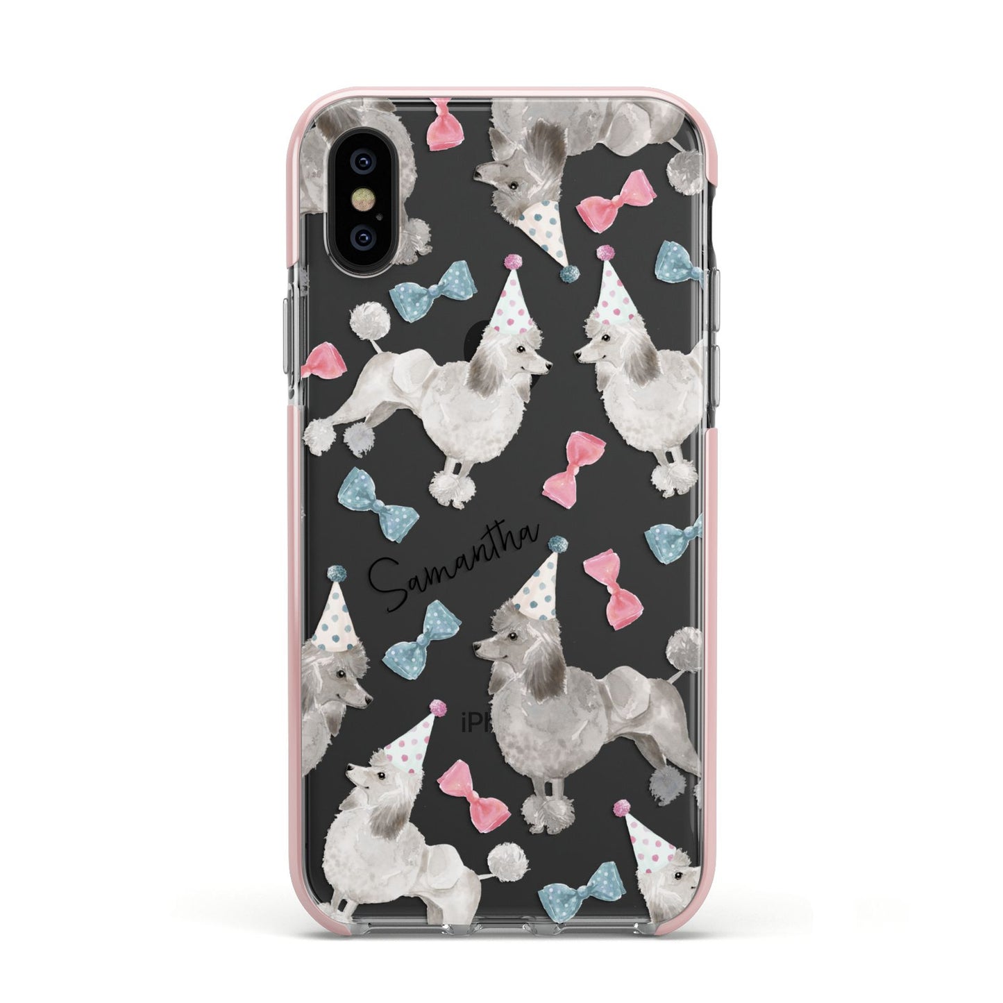 Personalised Poodle Dog Apple iPhone Xs Impact Case Pink Edge on Black Phone