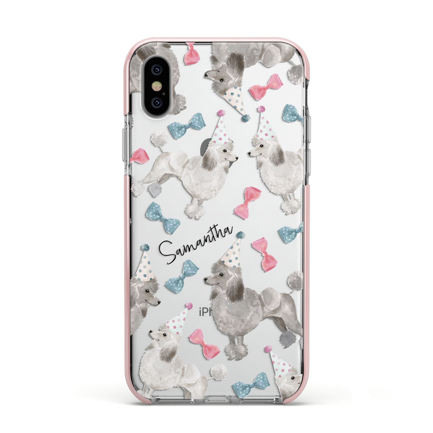 Personalised Poodle Dog Apple iPhone Xs Impact Case Pink Edge on Silver Phone