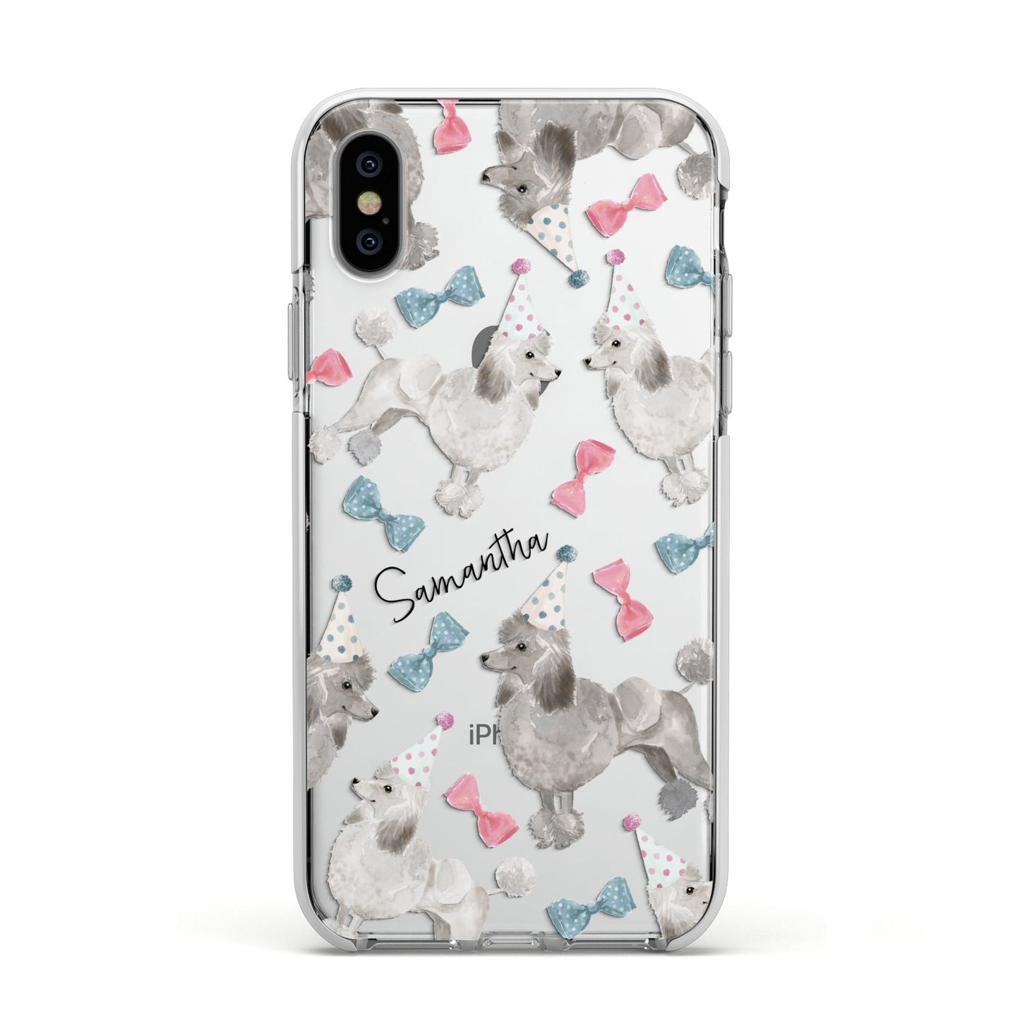 Personalised Poodle Dog Apple iPhone Xs Impact Case White Edge on Silver Phone