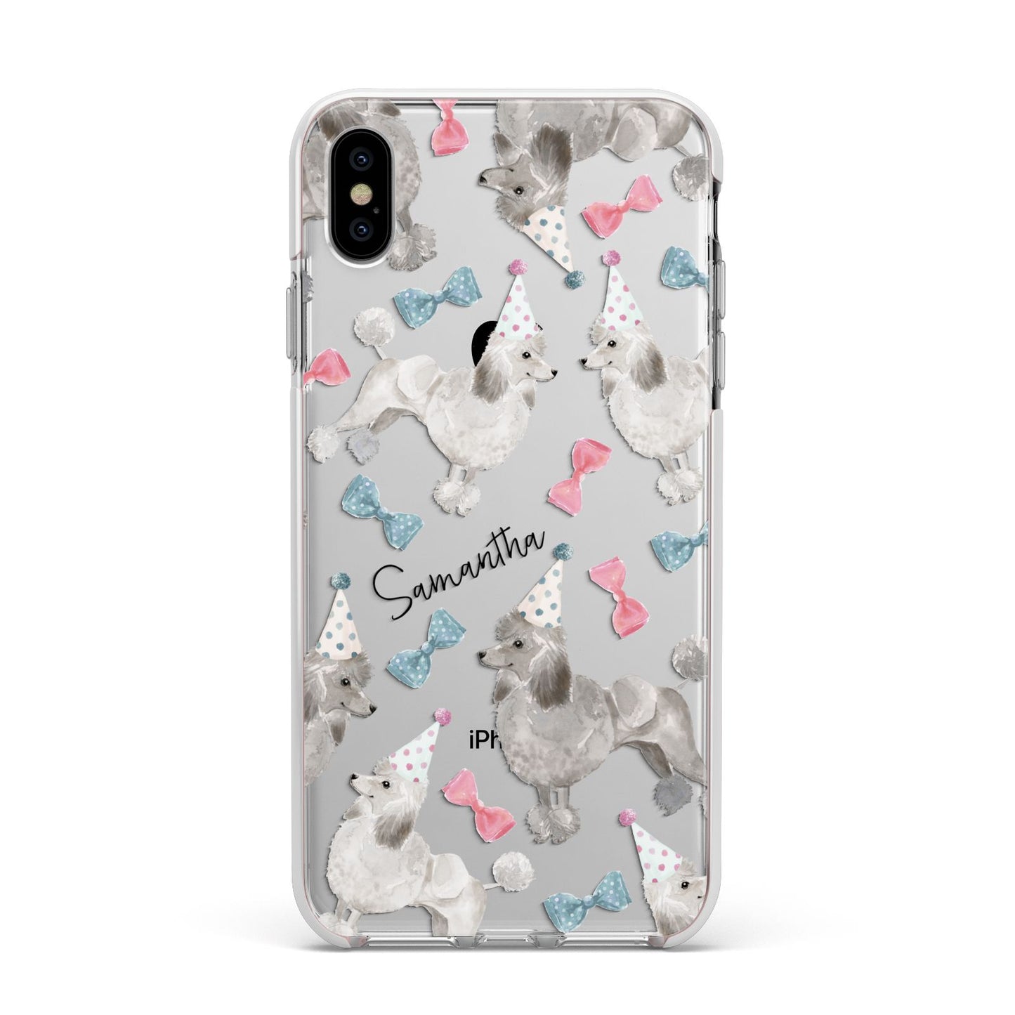 Personalised Poodle Dog Apple iPhone Xs Max Impact Case White Edge on Silver Phone