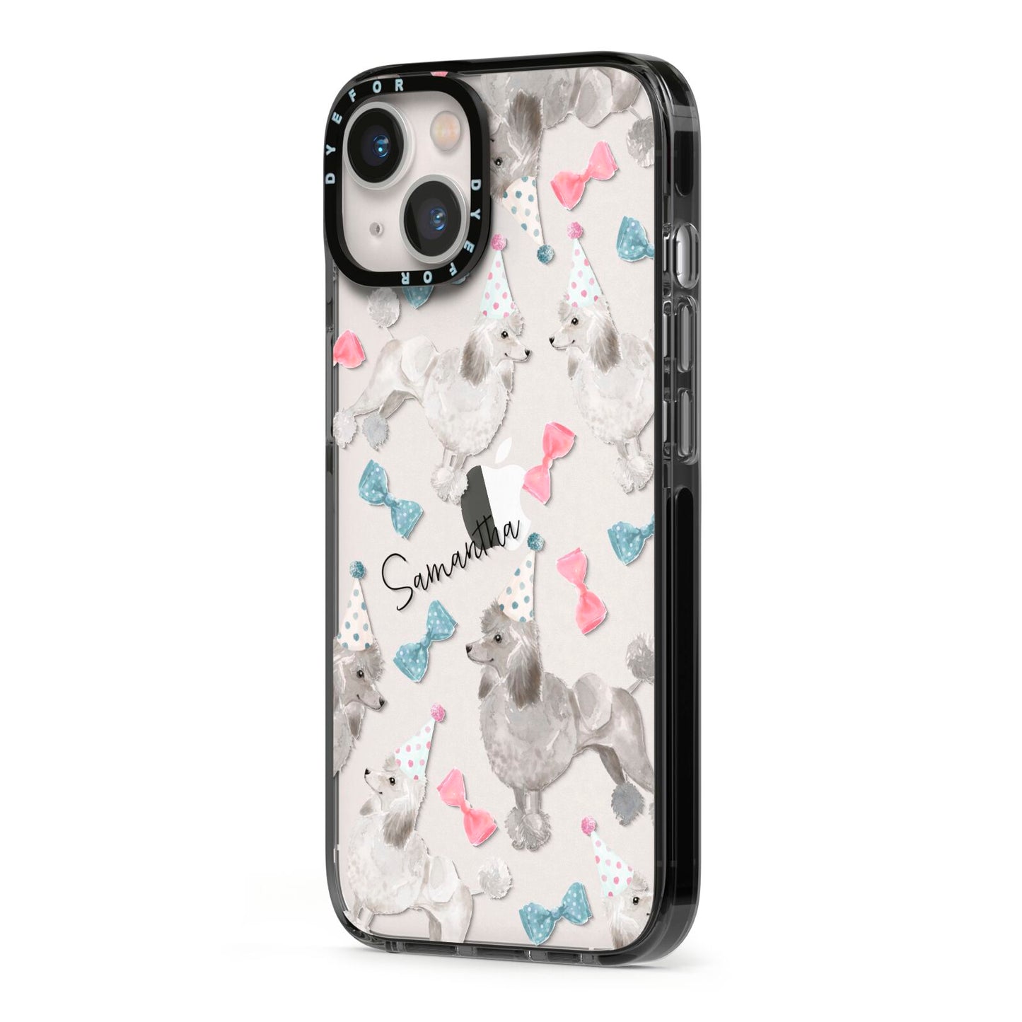 Personalised Poodle Dog iPhone 13 Black Impact Case Side Angle on Silver phone