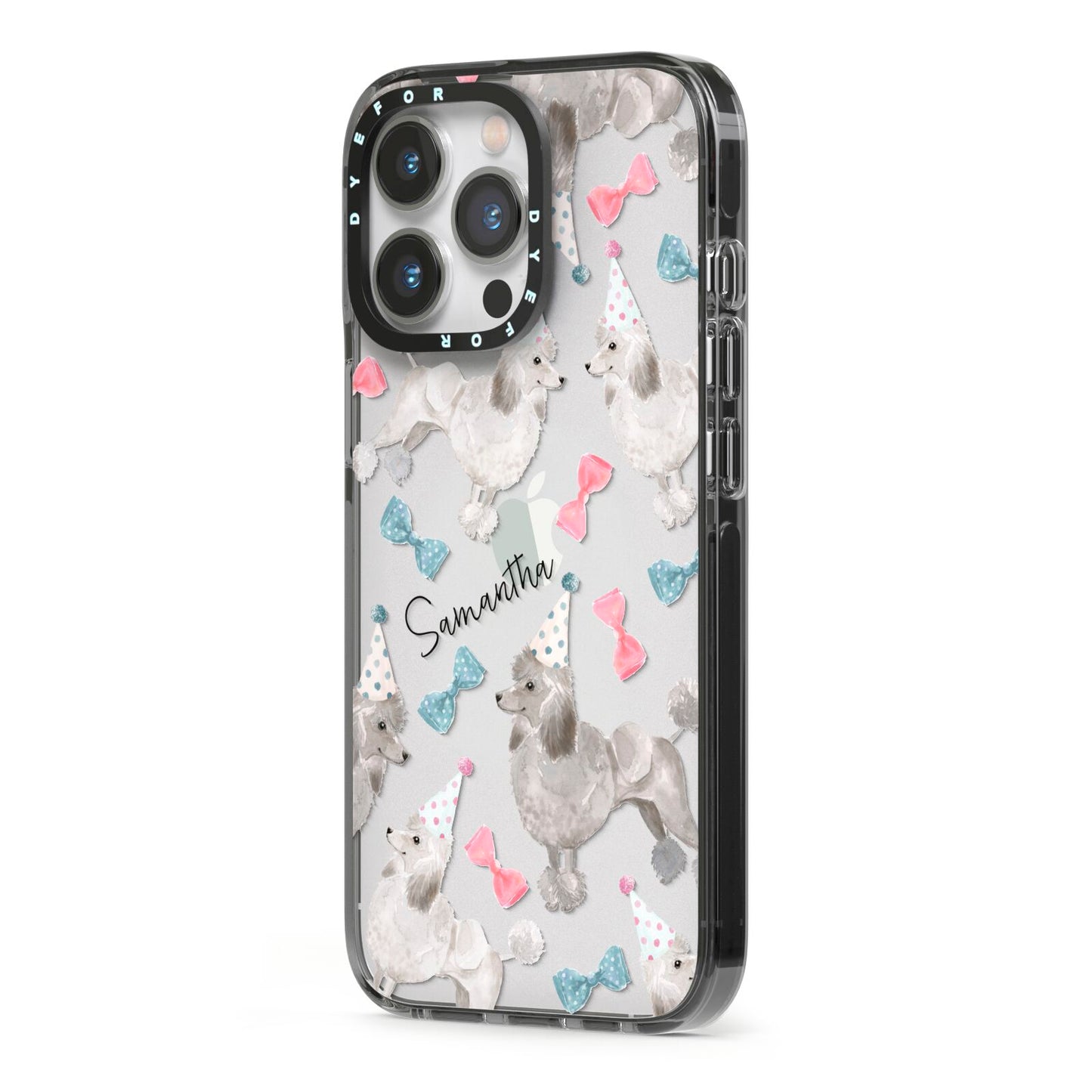 Personalised Poodle Dog iPhone 13 Pro Black Impact Case Side Angle on Silver phone