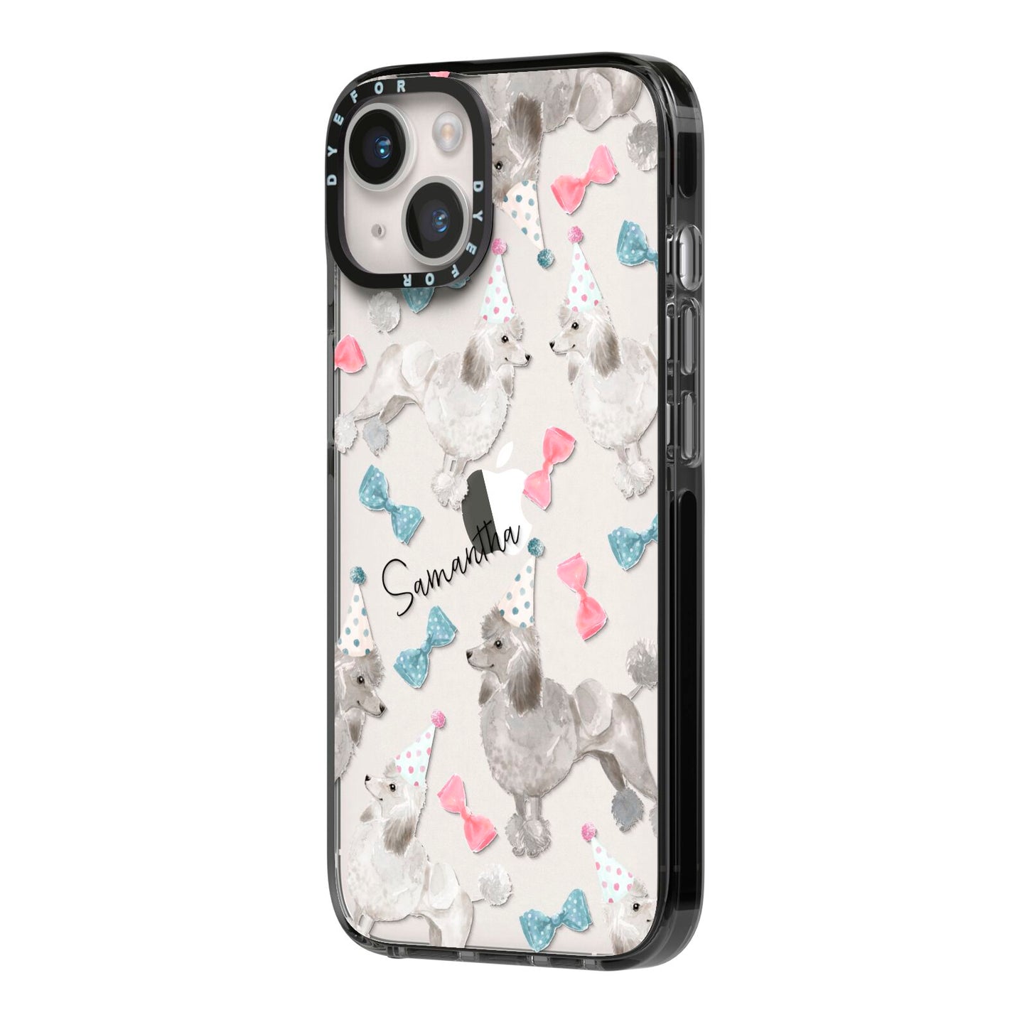 Personalised Poodle Dog iPhone 14 Black Impact Case Side Angle on Silver phone