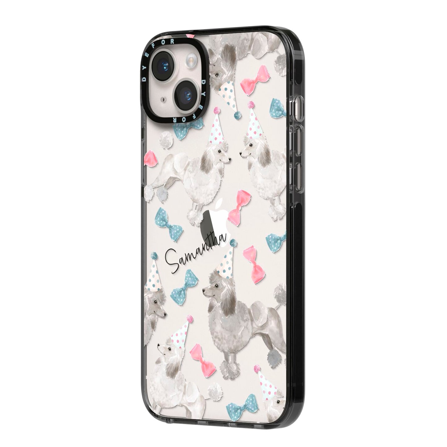 Personalised Poodle Dog iPhone 14 Plus Black Impact Case Side Angle on Silver phone