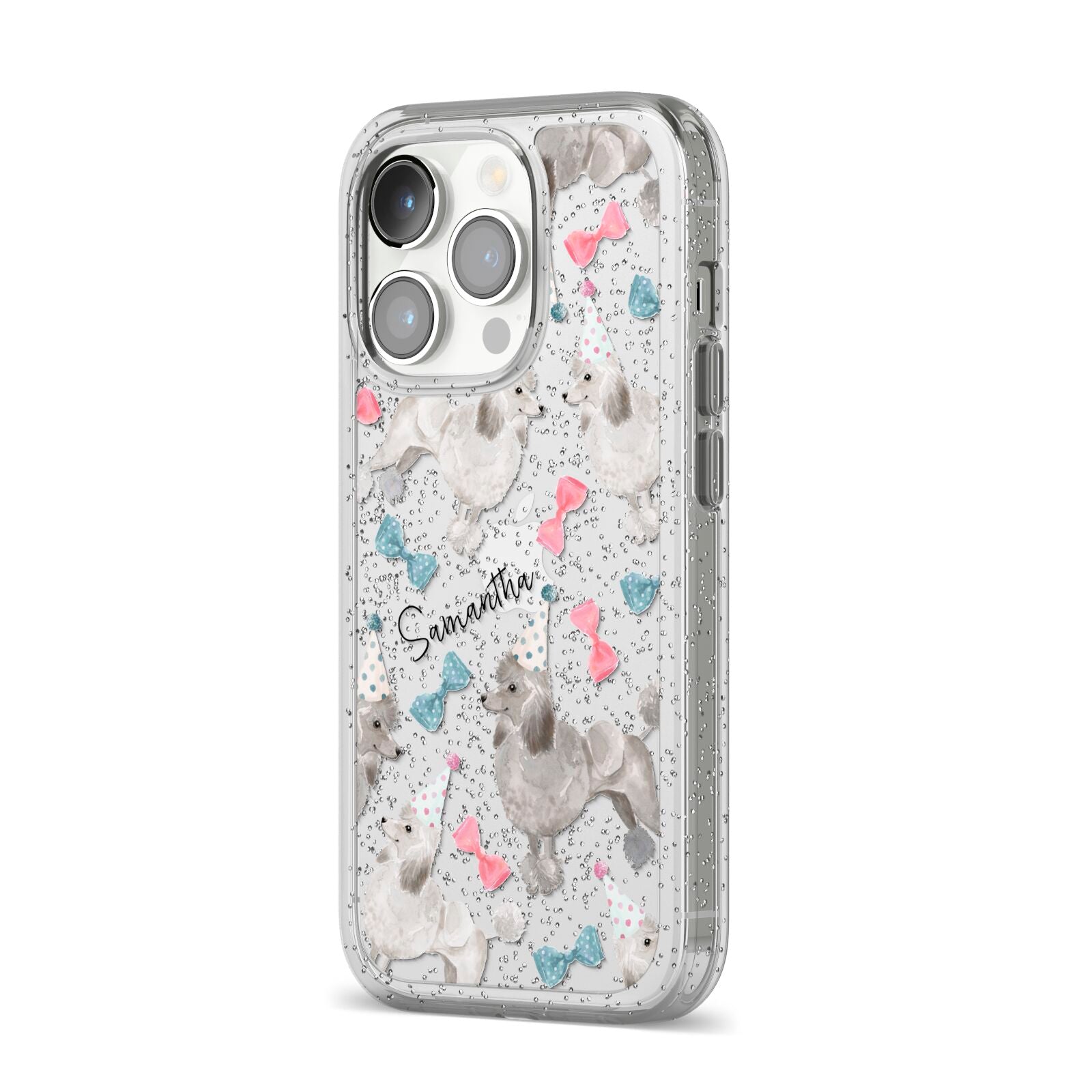 Personalised Poodle Dog iPhone 14 Pro Glitter Tough Case Silver Angled Image
