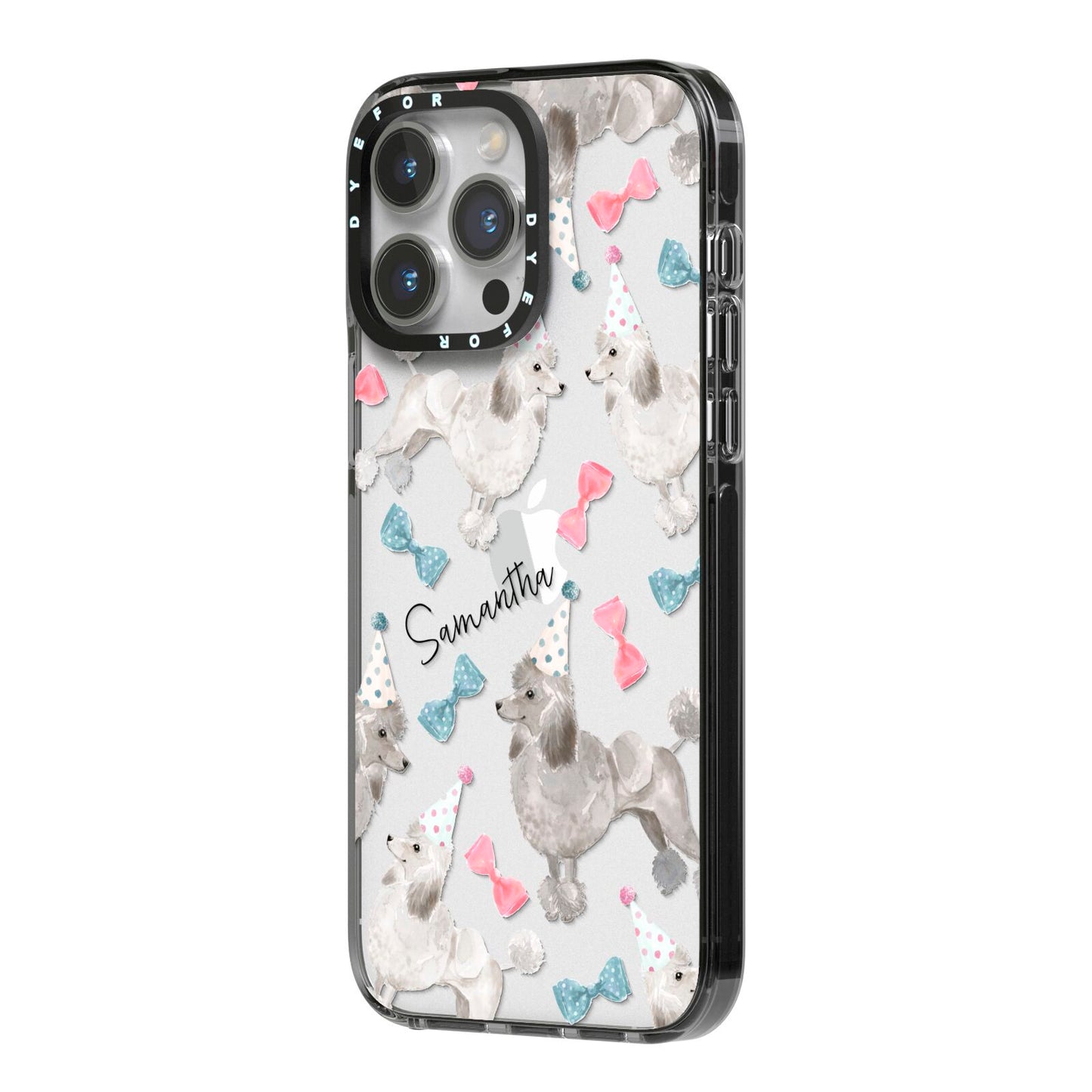 Personalised Poodle Dog iPhone 14 Pro Max Black Impact Case Side Angle on Silver phone