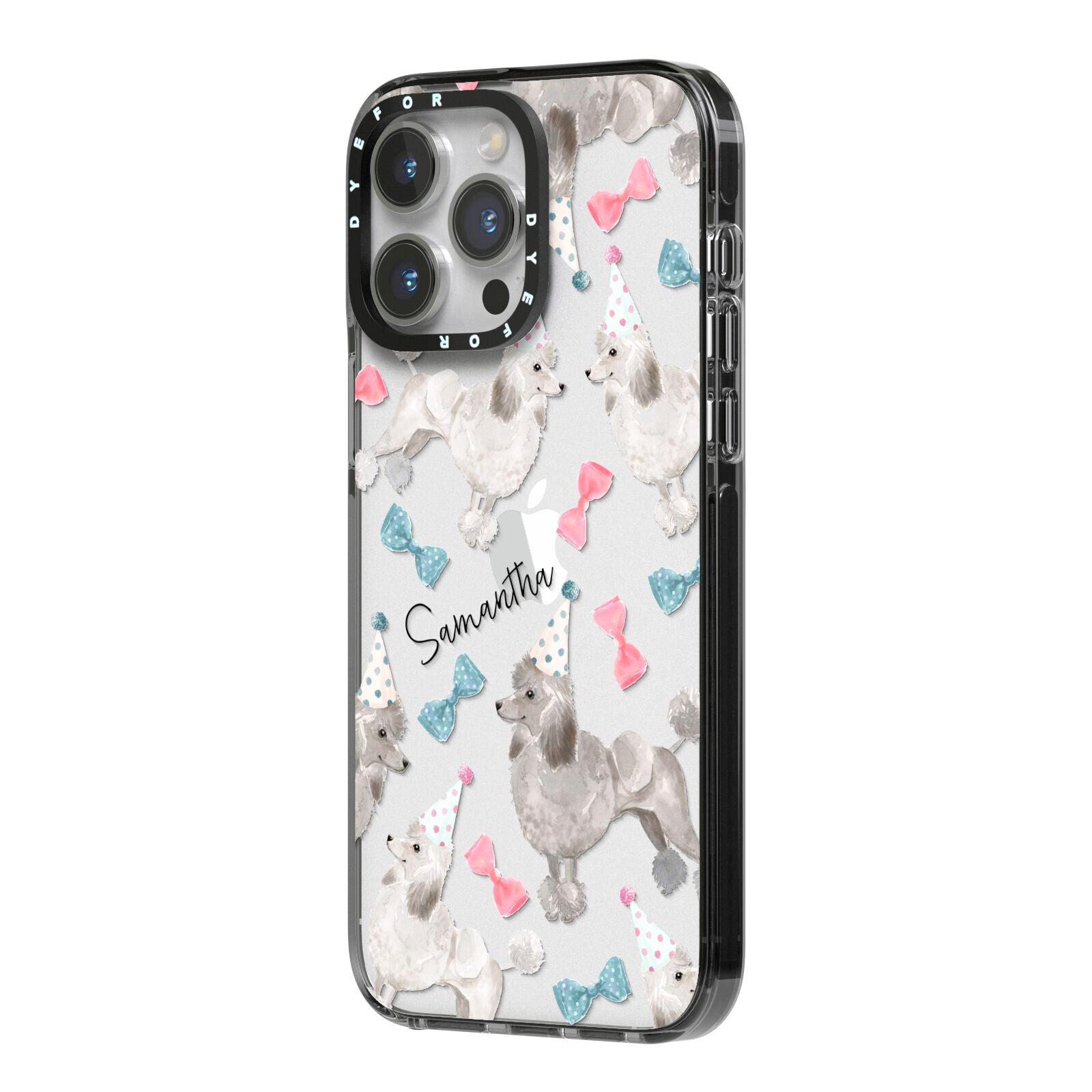 Personalised Poodle Dog iPhone 14 Pro Max Black Impact Case Side Angle on Silver phone