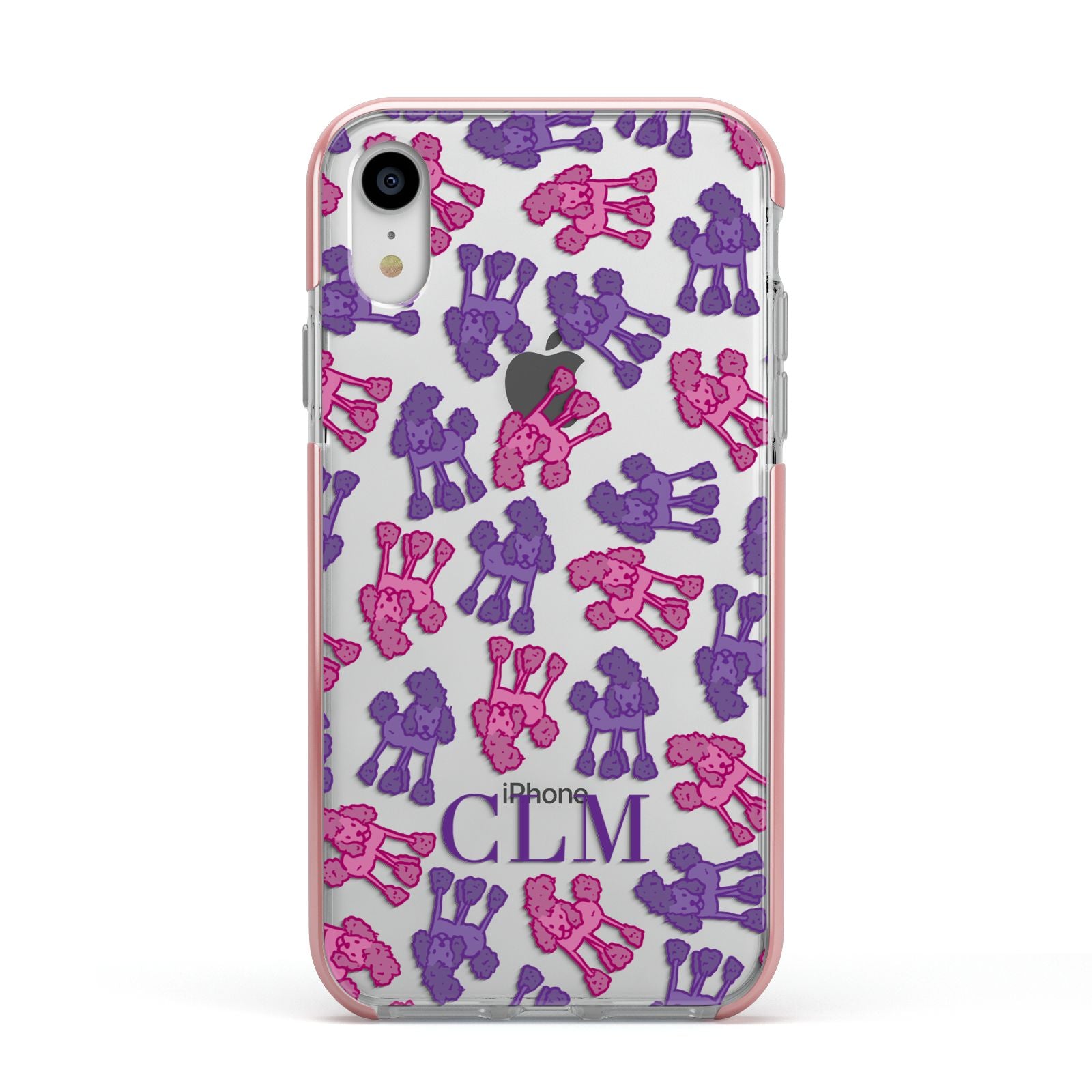 Personalised Poodle Initials Clear Apple iPhone XR Impact Case Pink Edge on Silver Phone