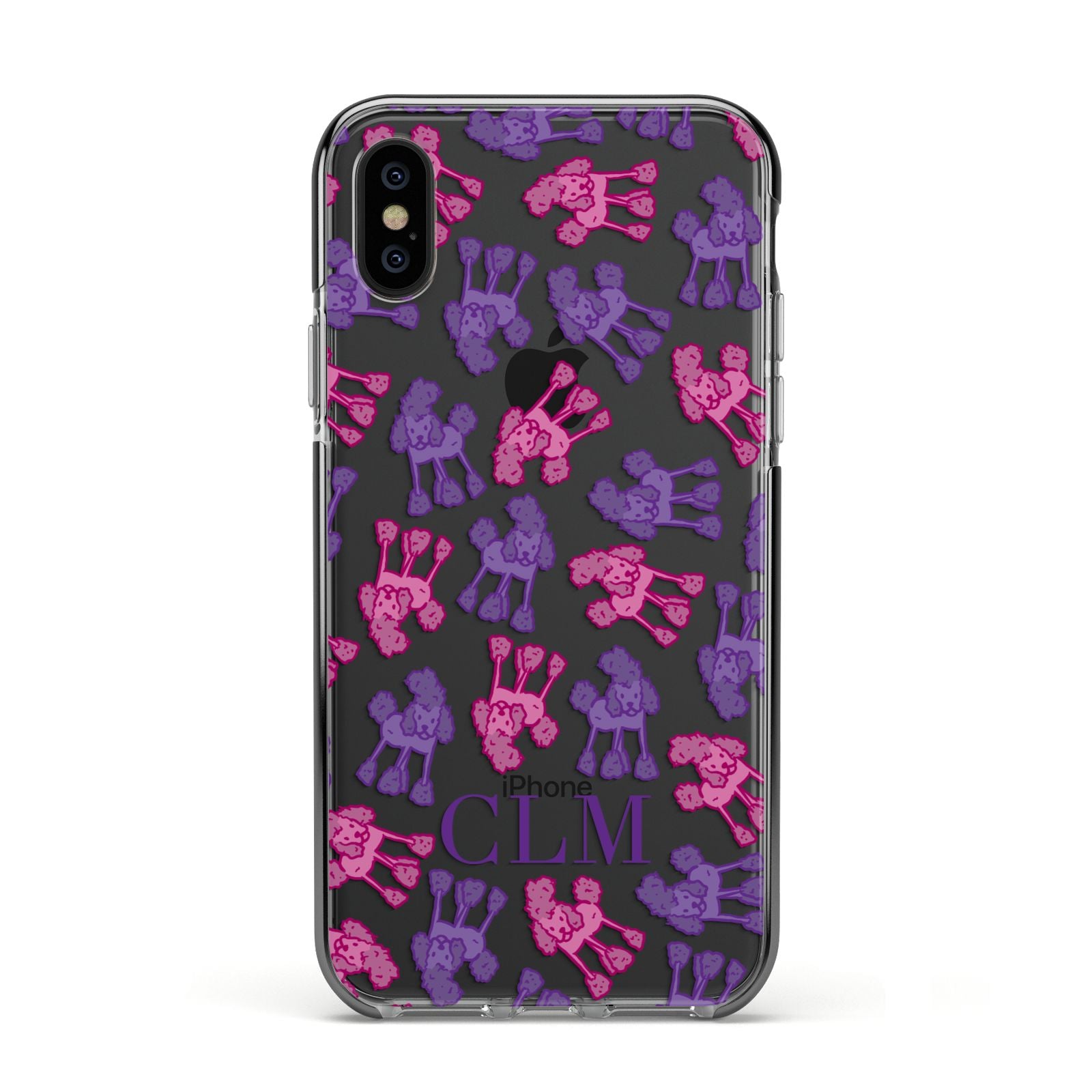 Personalised Poodle Initials Clear Apple iPhone Xs Impact Case Black Edge on Black Phone