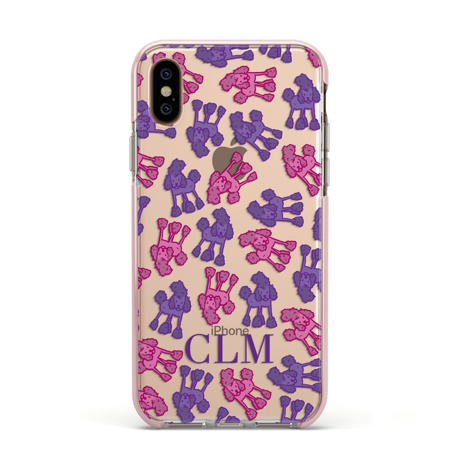 Personalised Poodle Initials Clear Apple iPhone Xs Impact Case Pink Edge on Gold Phone