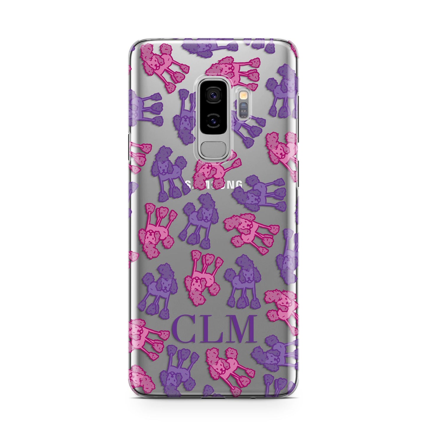 Personalised Poodle Initials Clear Samsung Galaxy S9 Plus Case on Silver phone