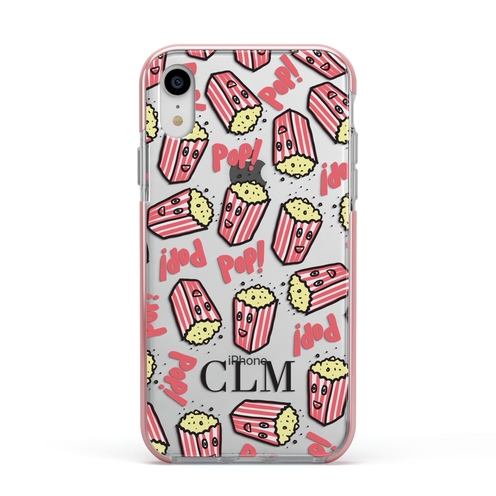 Personalised Popcorn Initials Apple iPhone XR Impact Case Pink Edge on Silver Phone