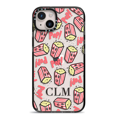 Personalised Popcorn Initials iPhone 14 Plus Black Impact Case on Silver phone