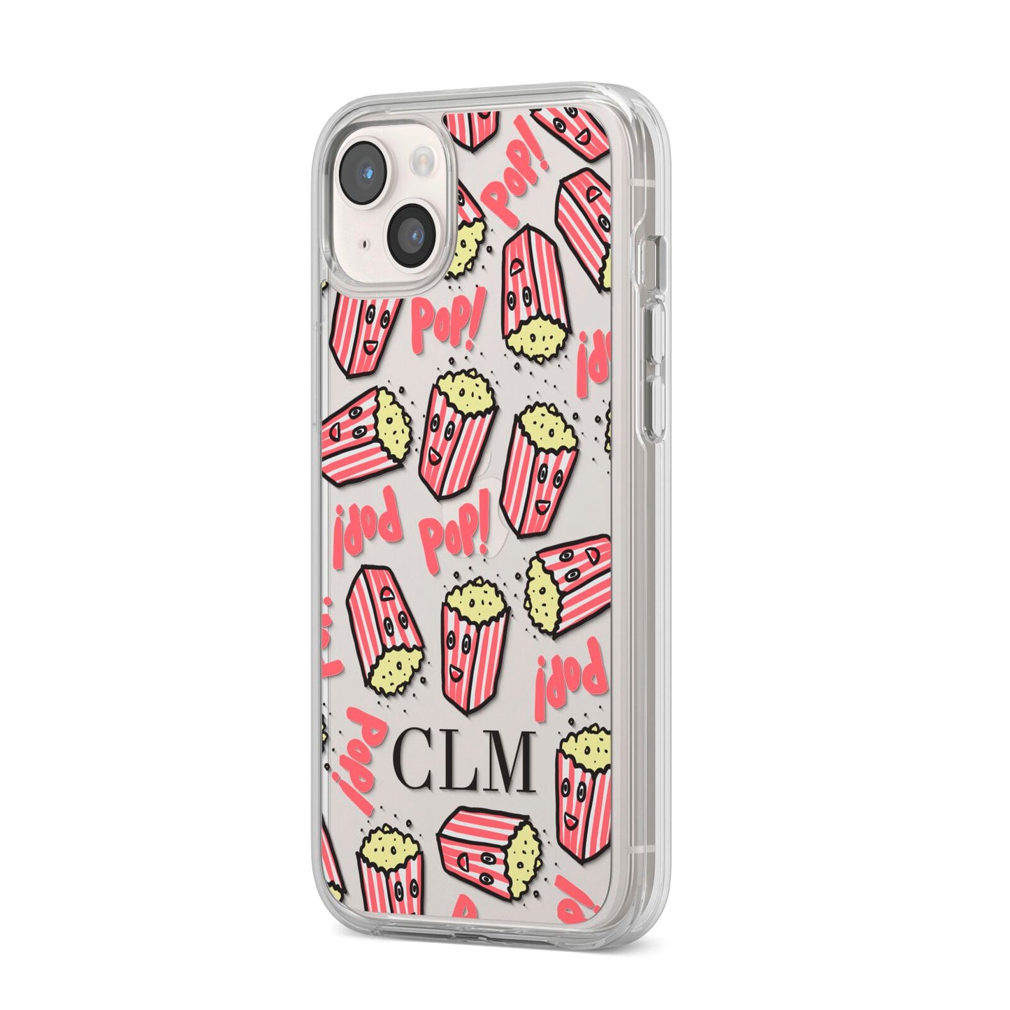 Personalised Popcorn Initials iPhone 14 Plus Clear Tough Case Starlight Angled Image
