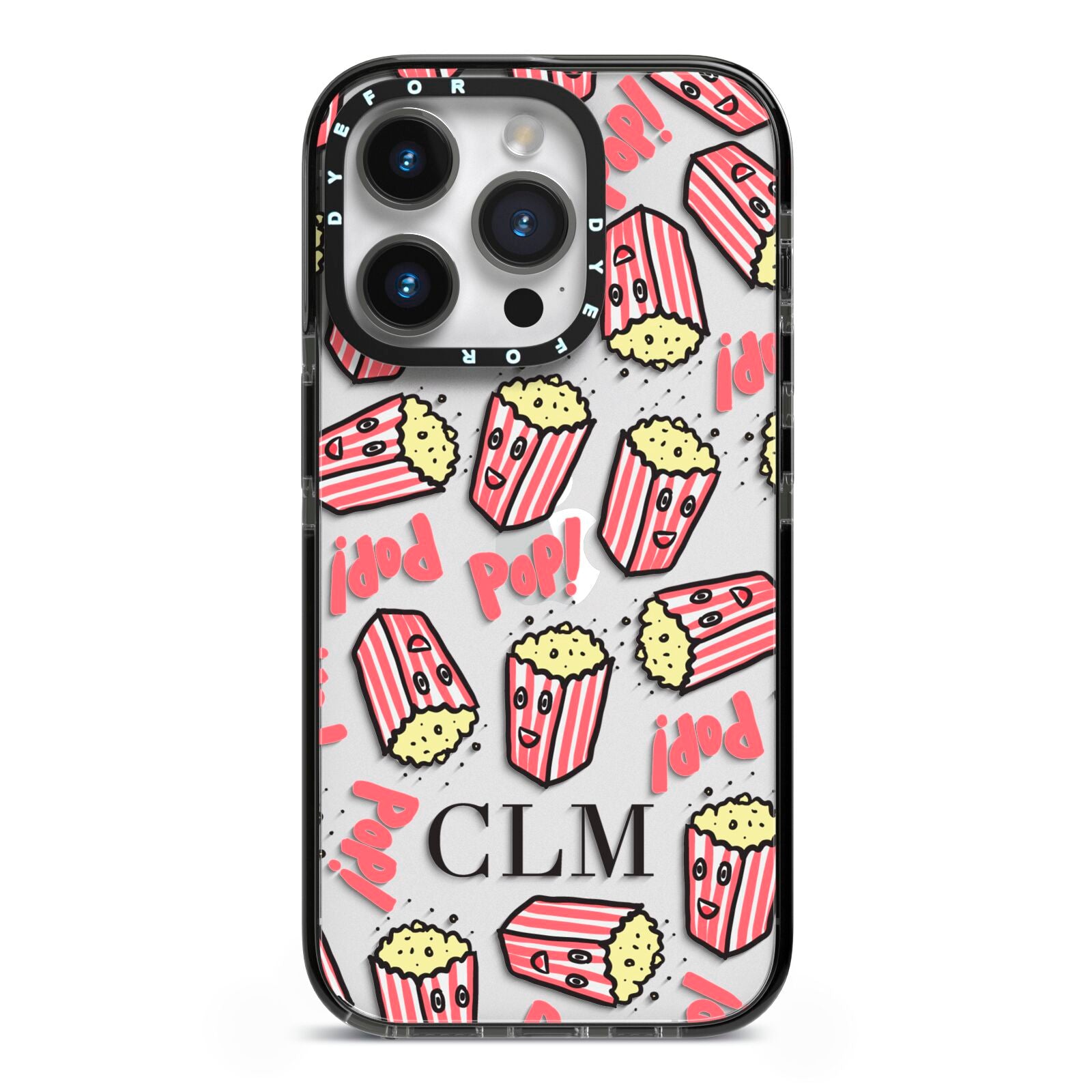 Personalised Popcorn Initials iPhone 14 Pro Black Impact Case on Silver phone