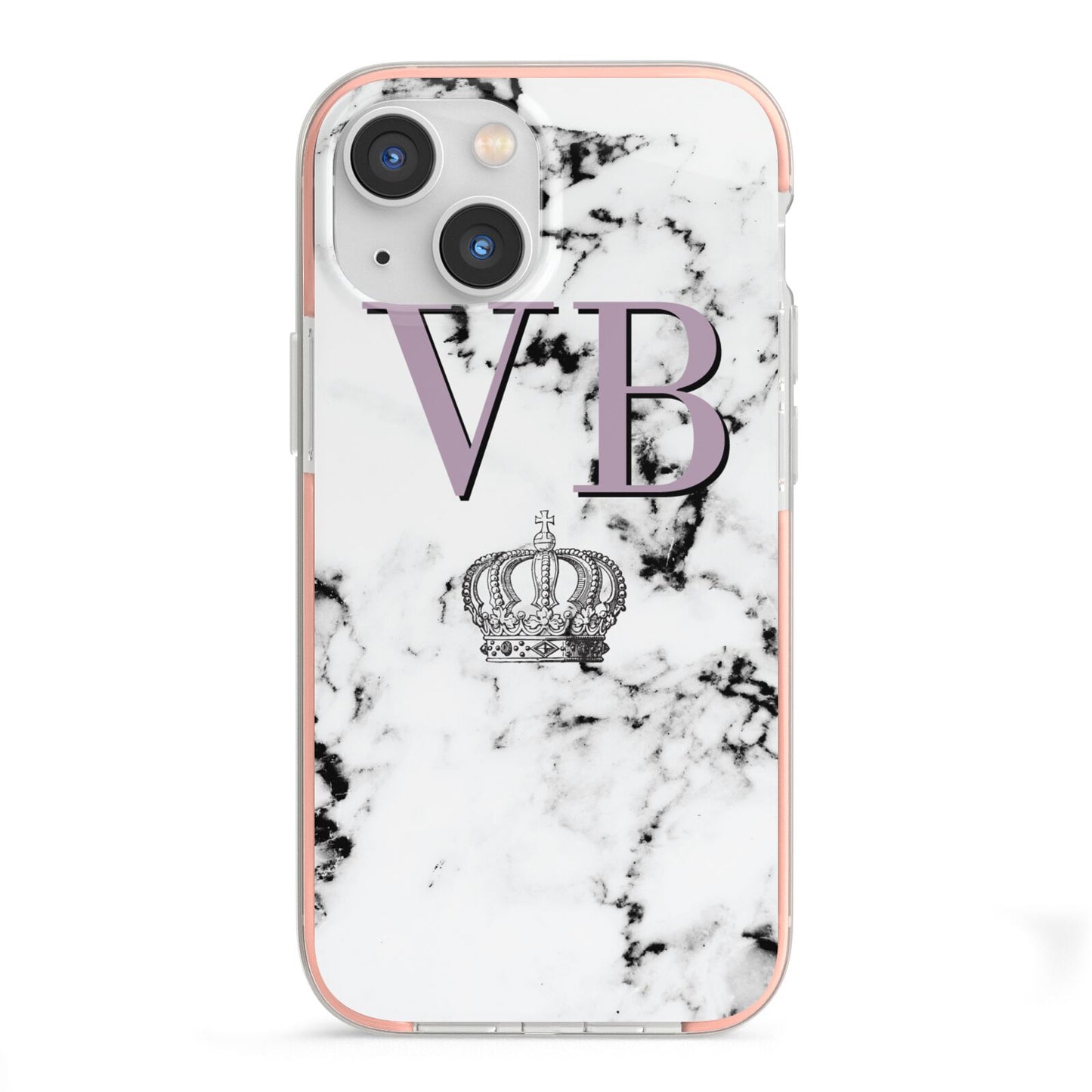 Personalised Princess Crown Initials Marble iPhone 13 Mini TPU Impact Case with Pink Edges