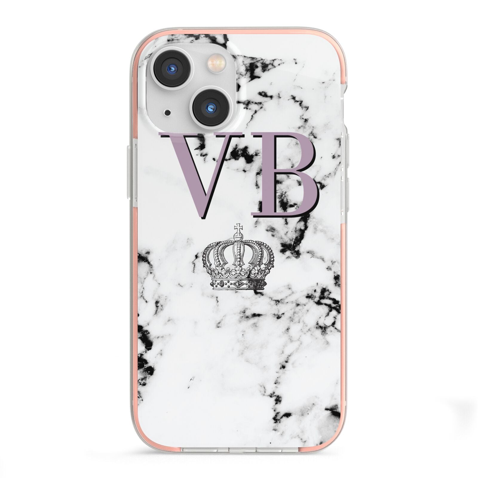 Personalised Princess Crown Initials Marble iPhone 13 Mini TPU Impact Case with Pink Edges