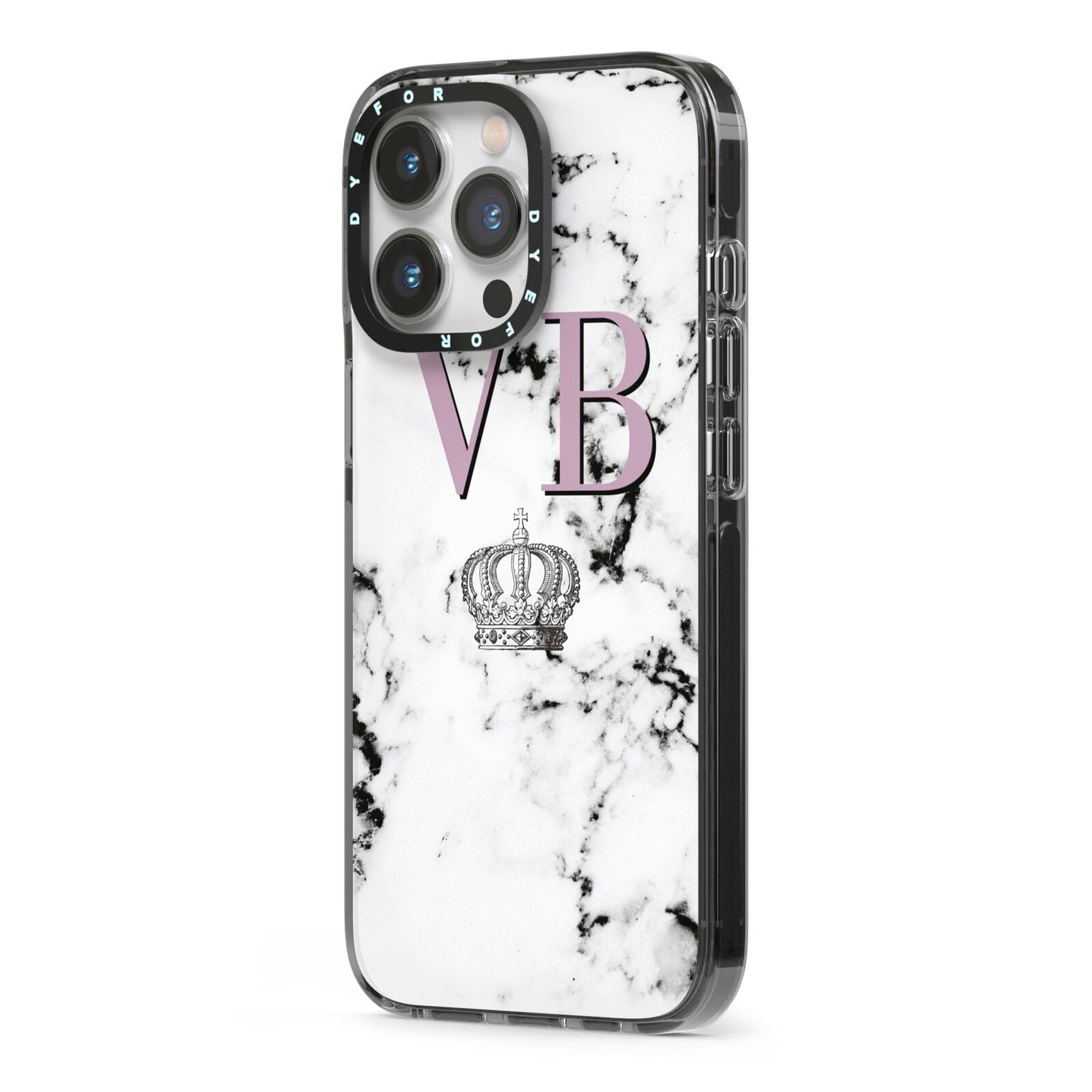 Personalised Princess Crown Initials Marble iPhone 13 Pro Black Impact Case Side Angle on Silver phone