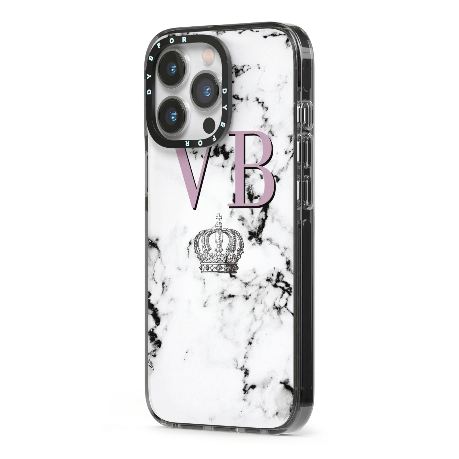Personalised Princess Crown Initials Marble iPhone 13 Pro Black Impact Case Side Angle on Silver phone