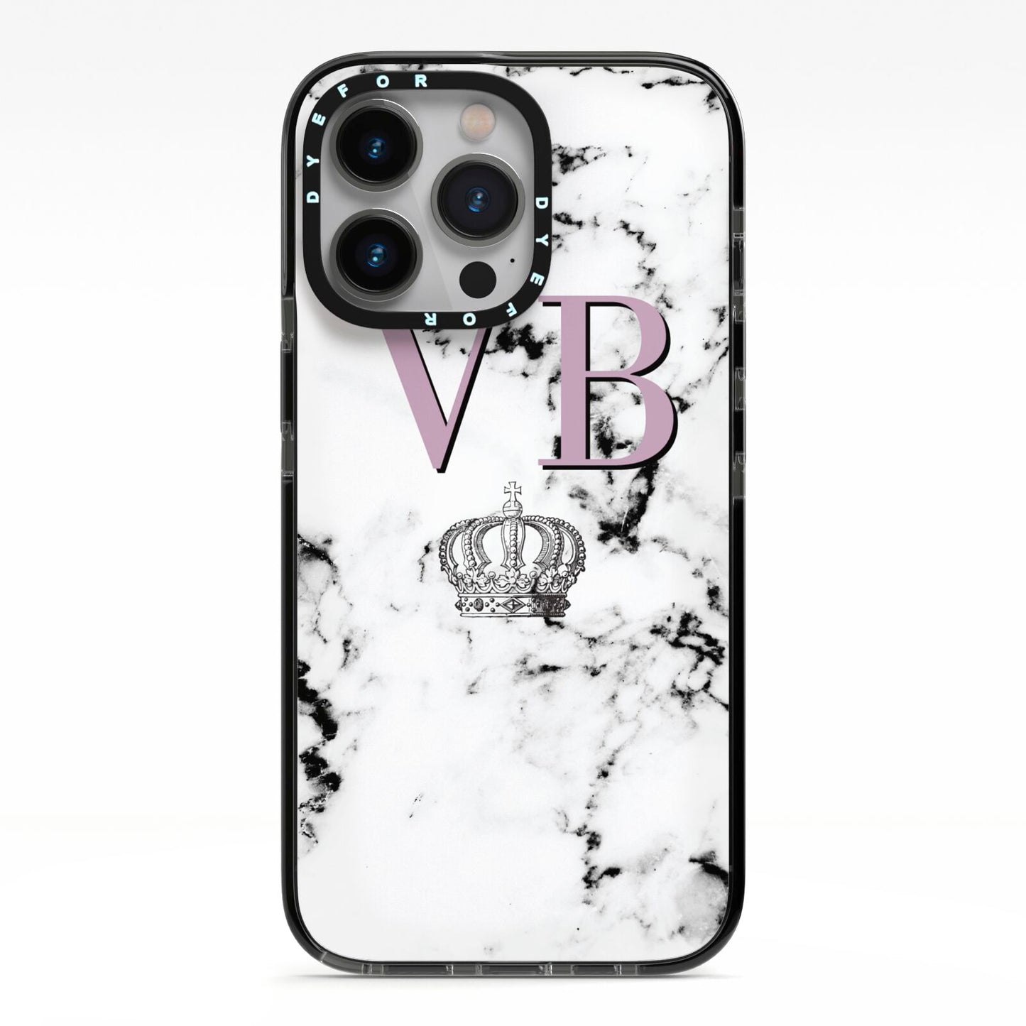 Personalised Princess Crown Initials Marble iPhone 13 Pro Black Impact Case on Silver phone