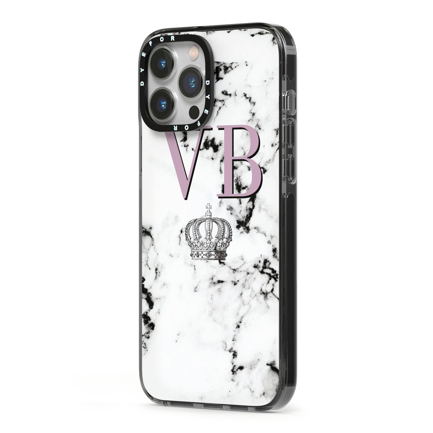 Personalised Princess Crown Initials Marble iPhone 13 Pro Max Black Impact Case Side Angle on Silver phone