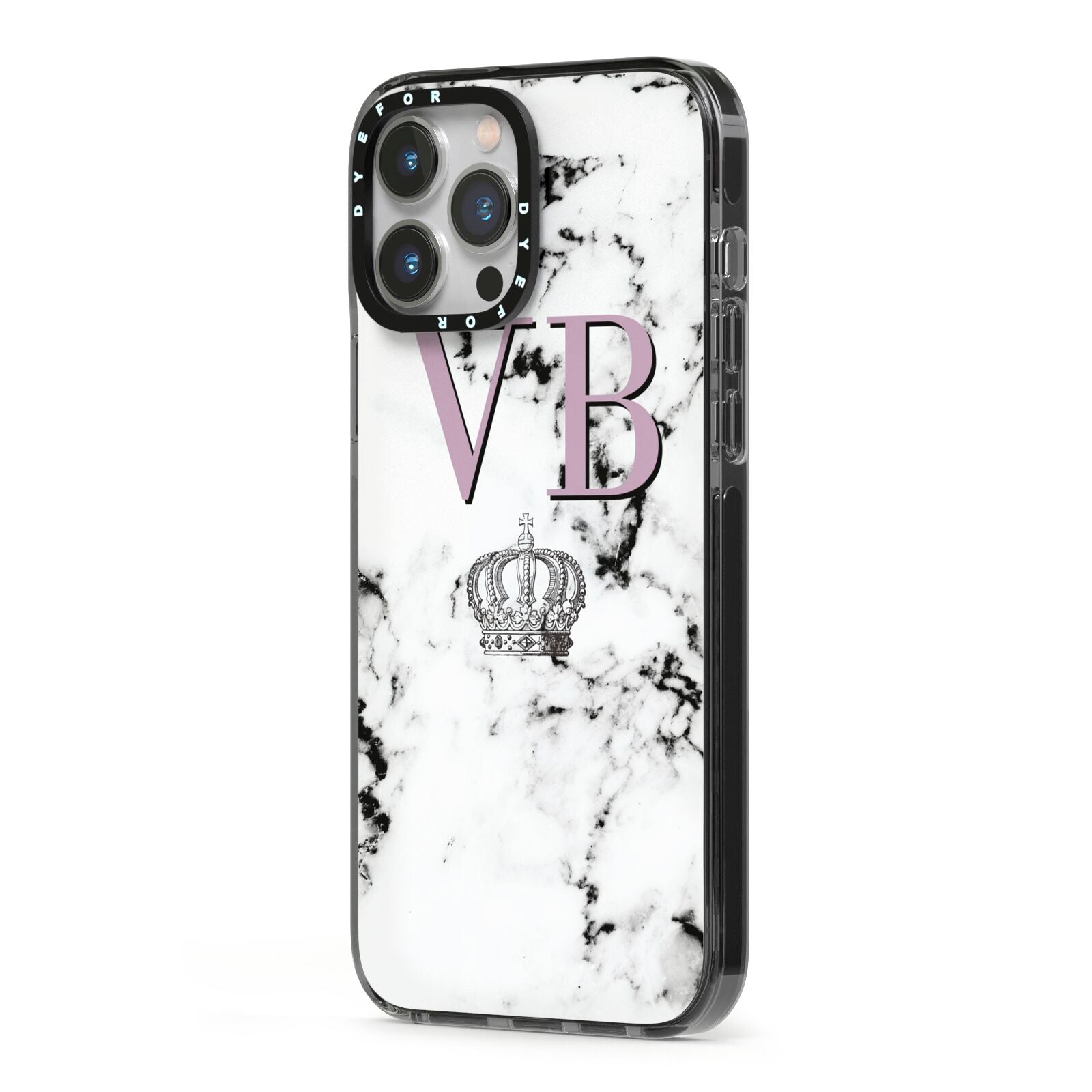 Personalised Princess Crown Initials Marble iPhone 13 Pro Max Black Impact Case Side Angle on Silver phone
