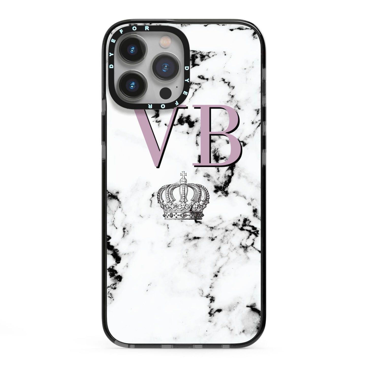 Personalised Princess Crown Initials Marble iPhone 13 Pro Max Black Impact Case on Silver phone