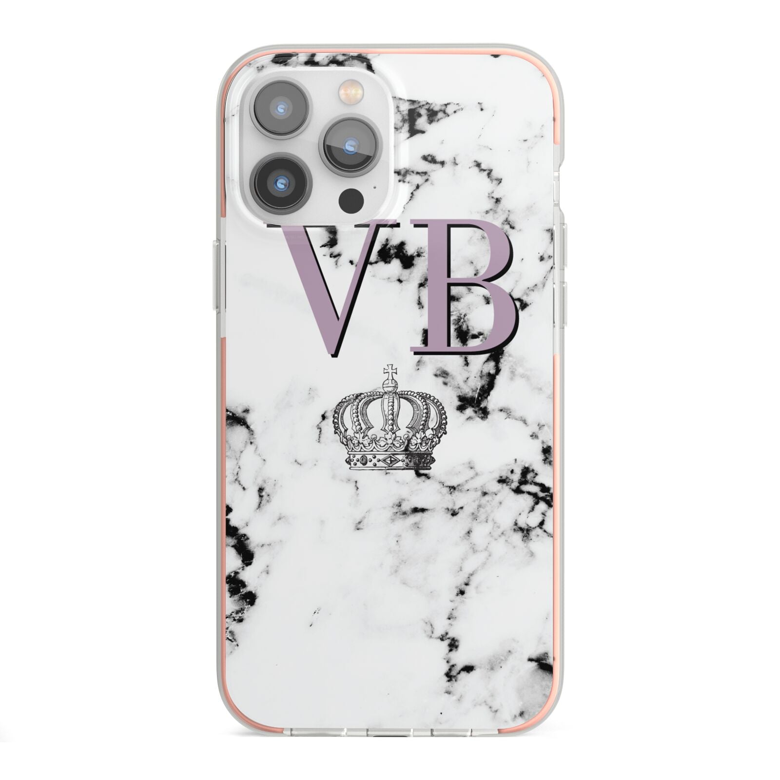 Personalised Princess Crown Initials Marble iPhone 13 Pro Max TPU Impact Case with Pink Edges