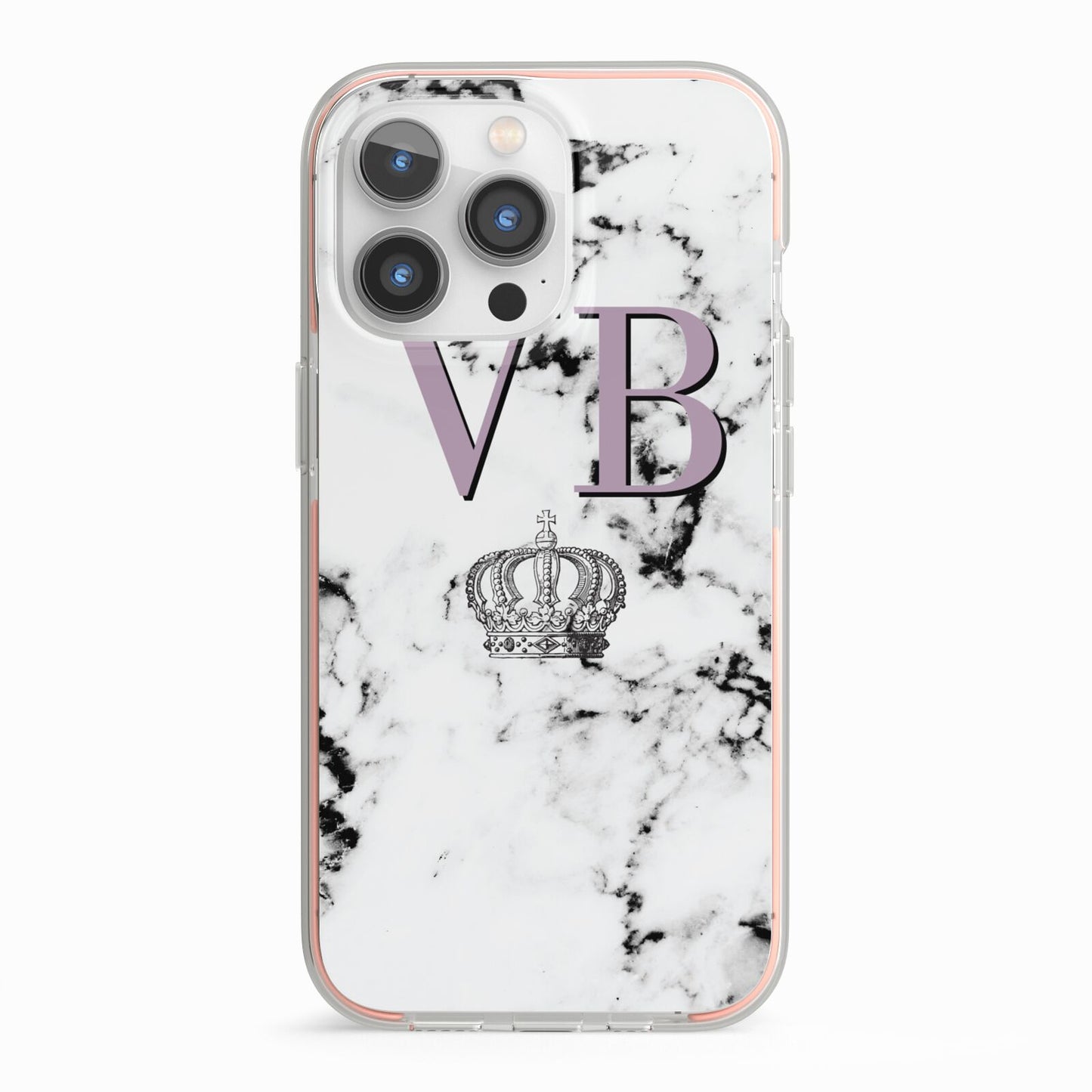 Personalised Princess Crown Initials Marble iPhone 13 Pro TPU Impact Case with Pink Edges