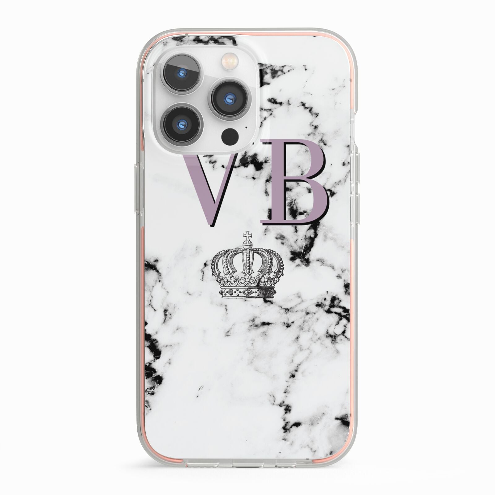 Personalised Princess Crown Initials Marble iPhone 13 Pro TPU Impact Case with Pink Edges