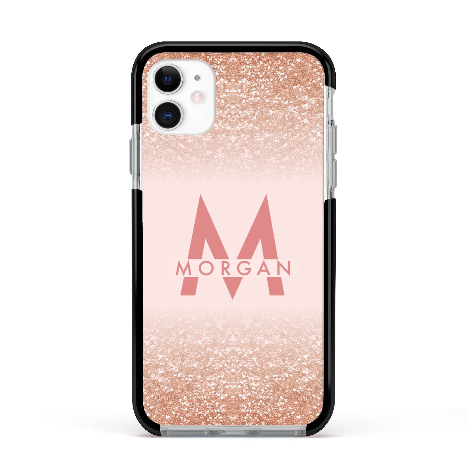 Personalised Printed Glitter Name Initials Apple iPhone 11 in White with Black Impact Case