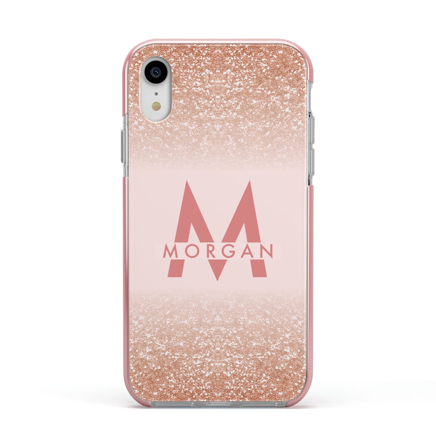 Personalised Printed Glitter Name Initials Apple iPhone XR Impact Case Pink Edge on Silver Phone