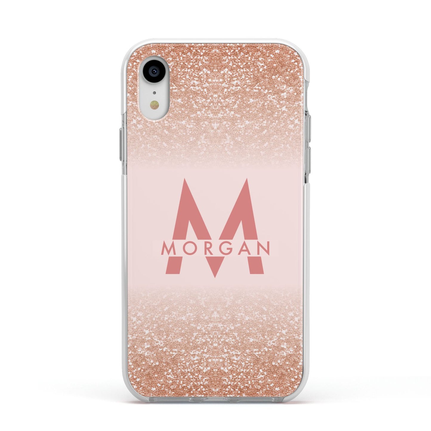 Personalised Printed Glitter Name Initials Apple iPhone XR Impact Case White Edge on Silver Phone