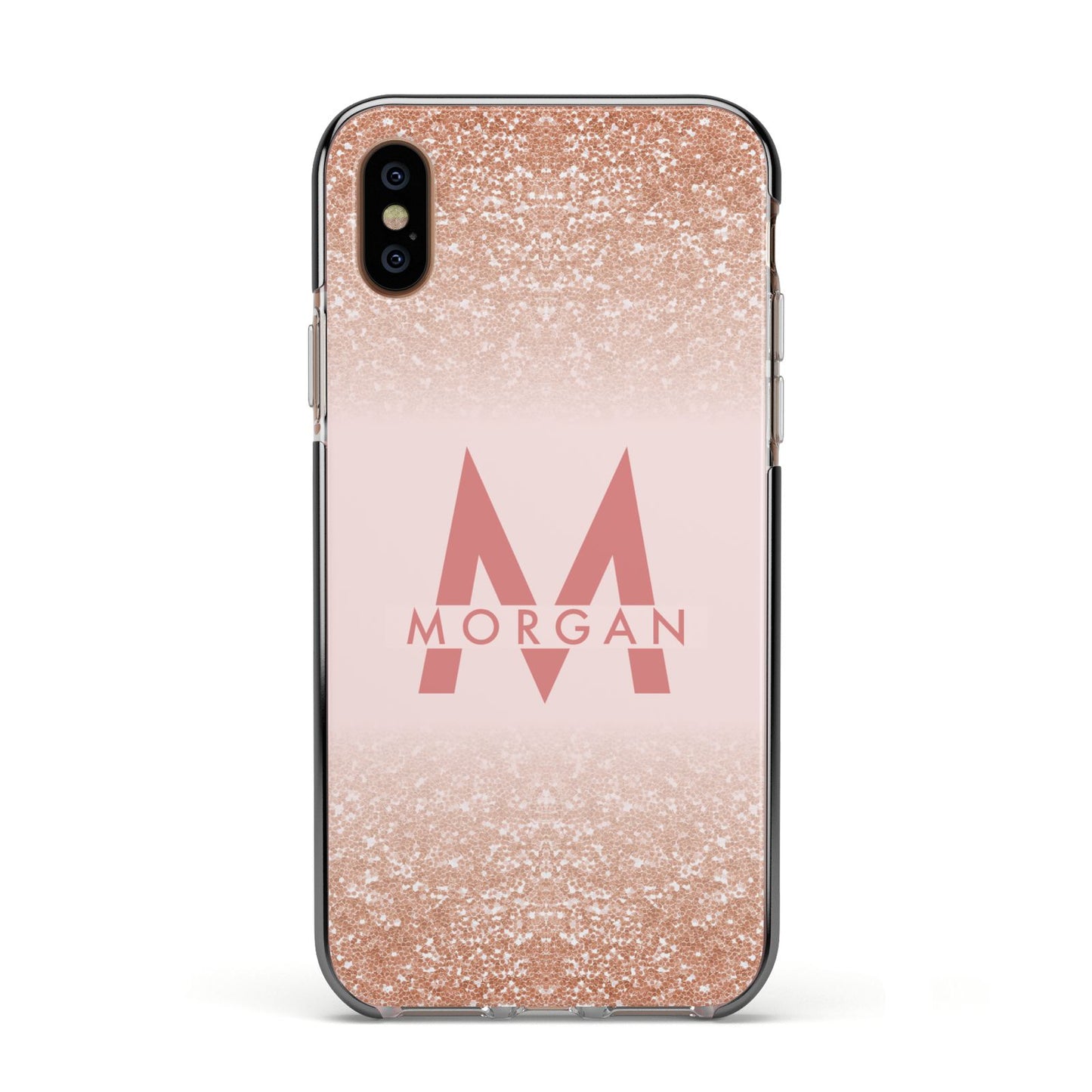 Personalised Printed Glitter Name Initials Apple iPhone Xs Impact Case Black Edge on Gold Phone